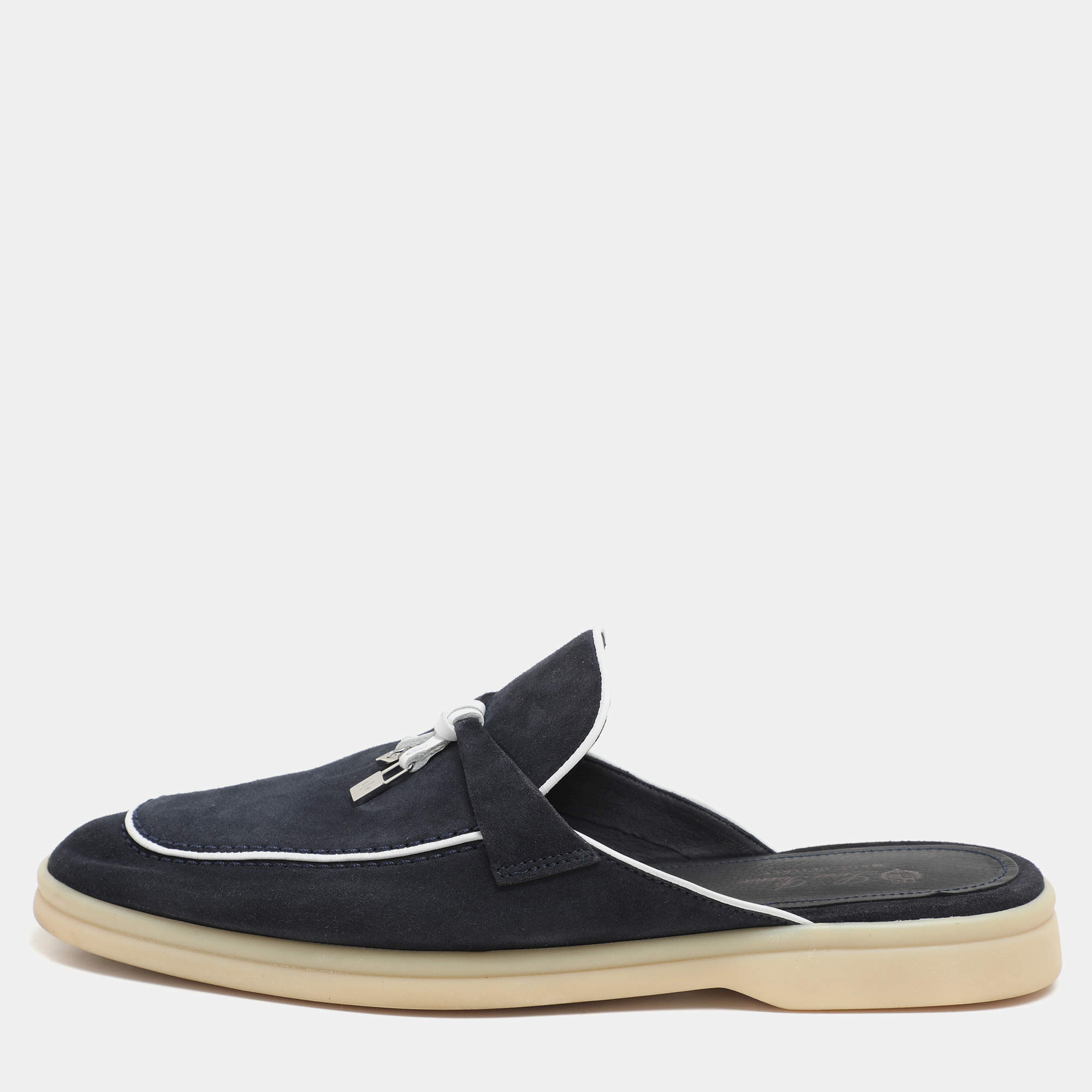 Pre Owned Loro Piana Navy Blue Suede Babouche Charms Walk Mules Size 39