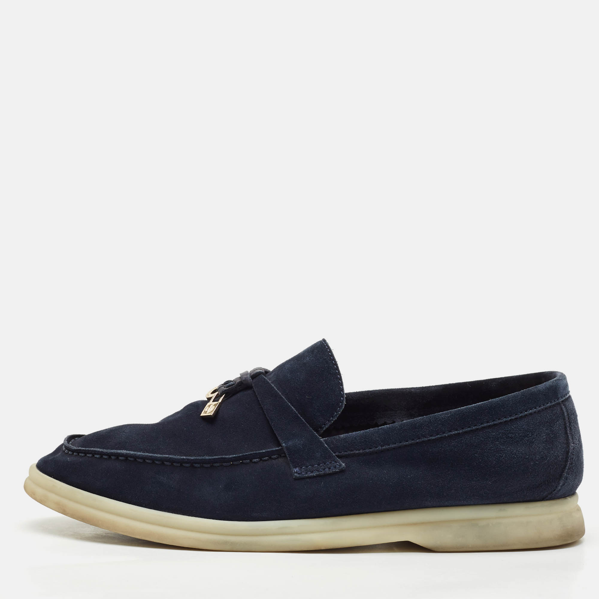 Pre Owned Loro Piana Navy Blue Suede Summer Charms Walk Loafers Size 39
