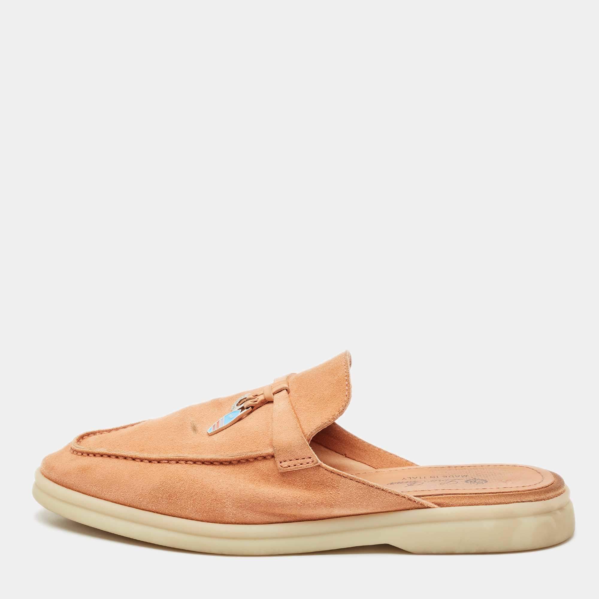 Pre Owned Loro Piana Orange Suede Babouche Charms Walk Flat Mules Size 38