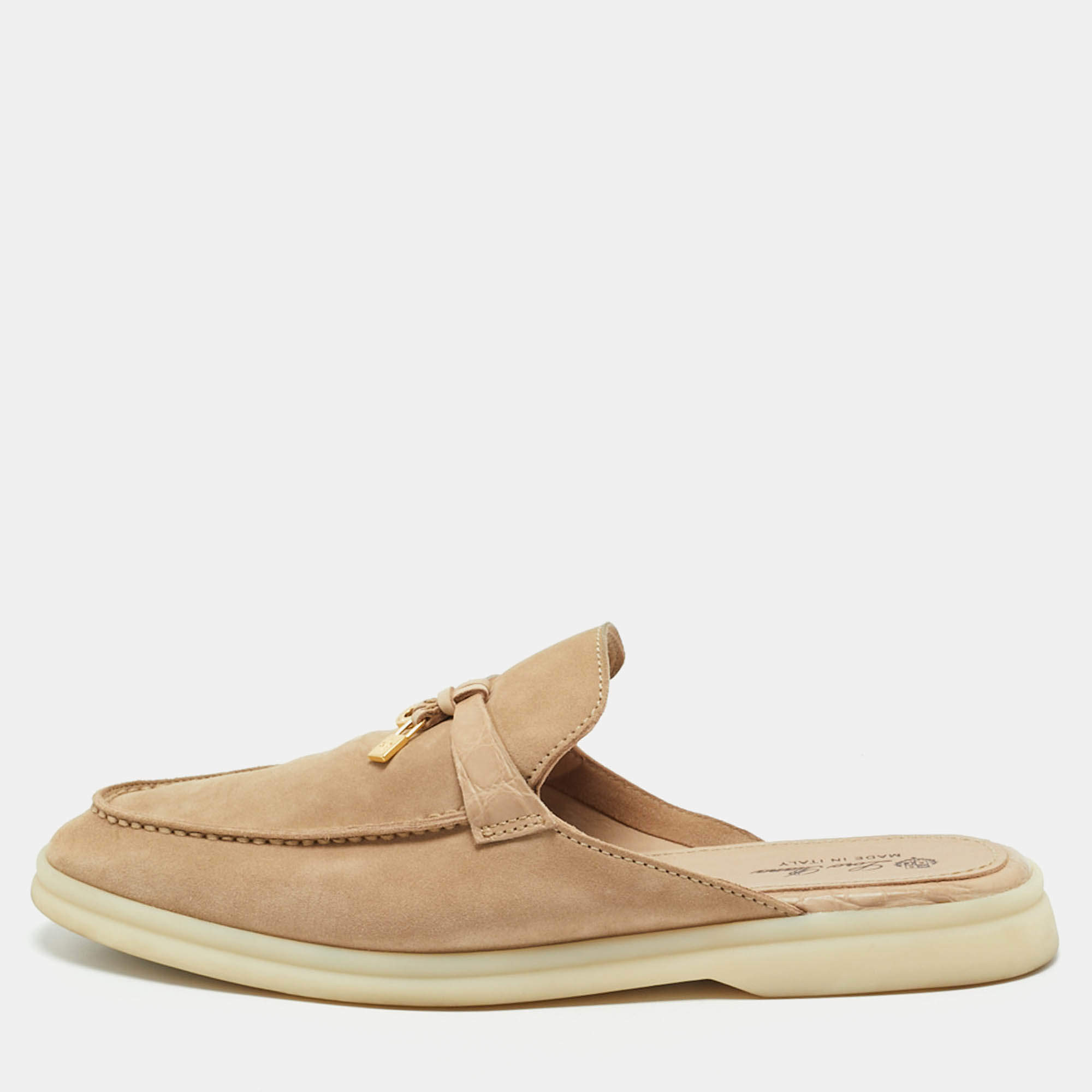 Pre Owned Loro Piana Beige Crocodile Leather and Suede Babouche Charms Walk Flat Sandals Size 39.5