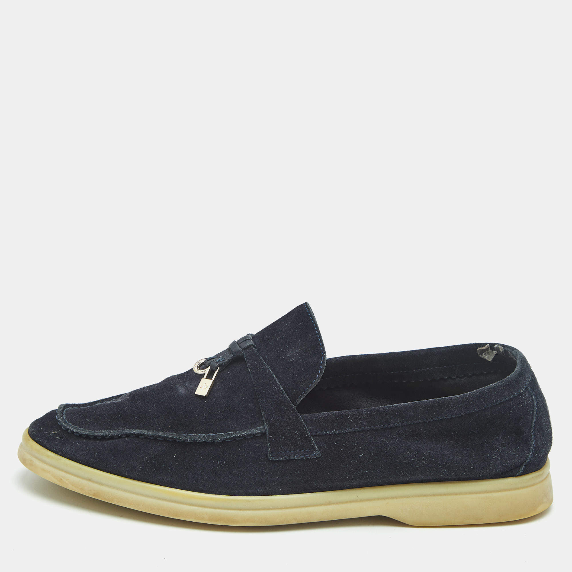 Pre Owned Loro Piana Navy Blue Suede Summer Charms Walk Loafers Size 39.5