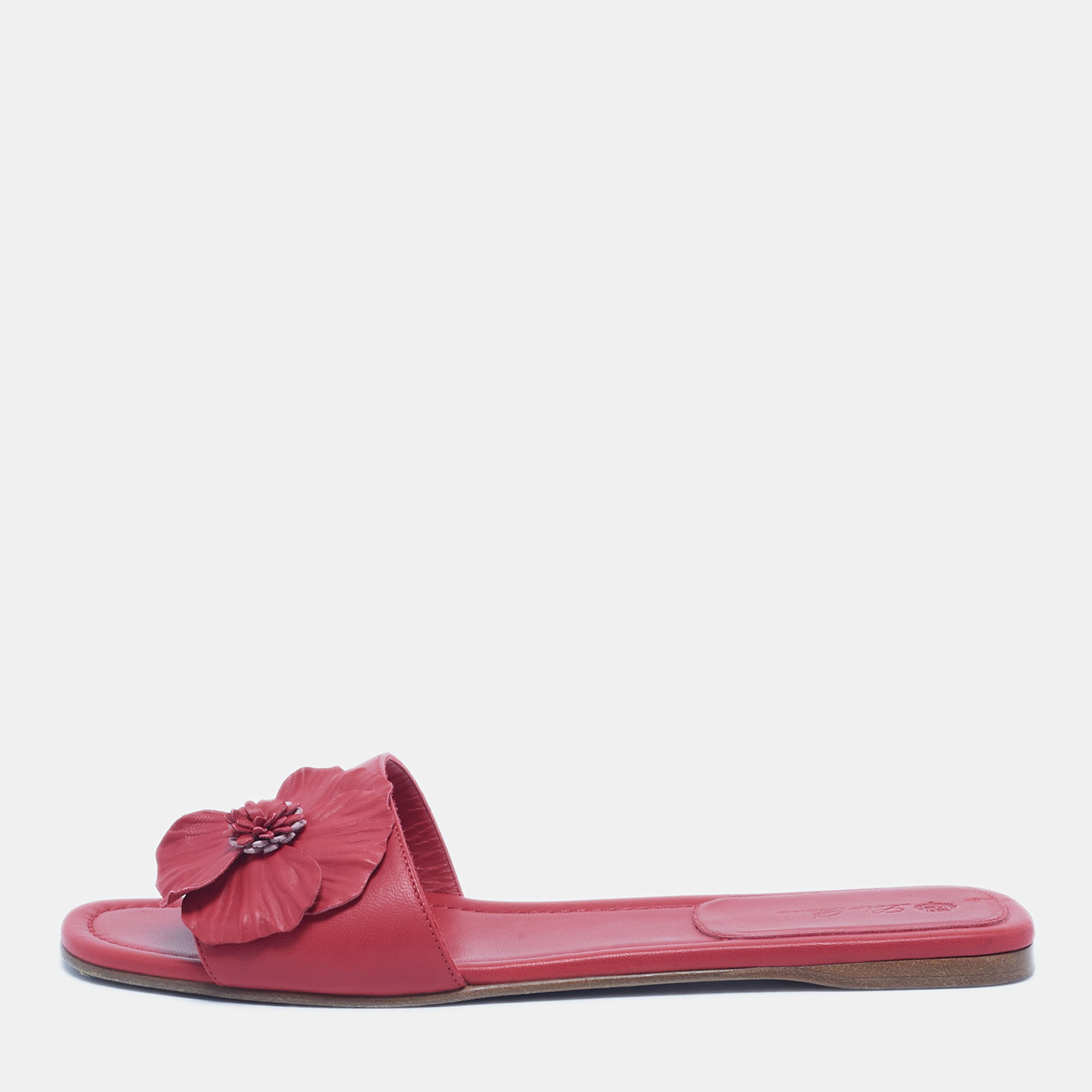 Pre Owned Loro Piana Red Leather Floral Applique Flat Slides Size 40