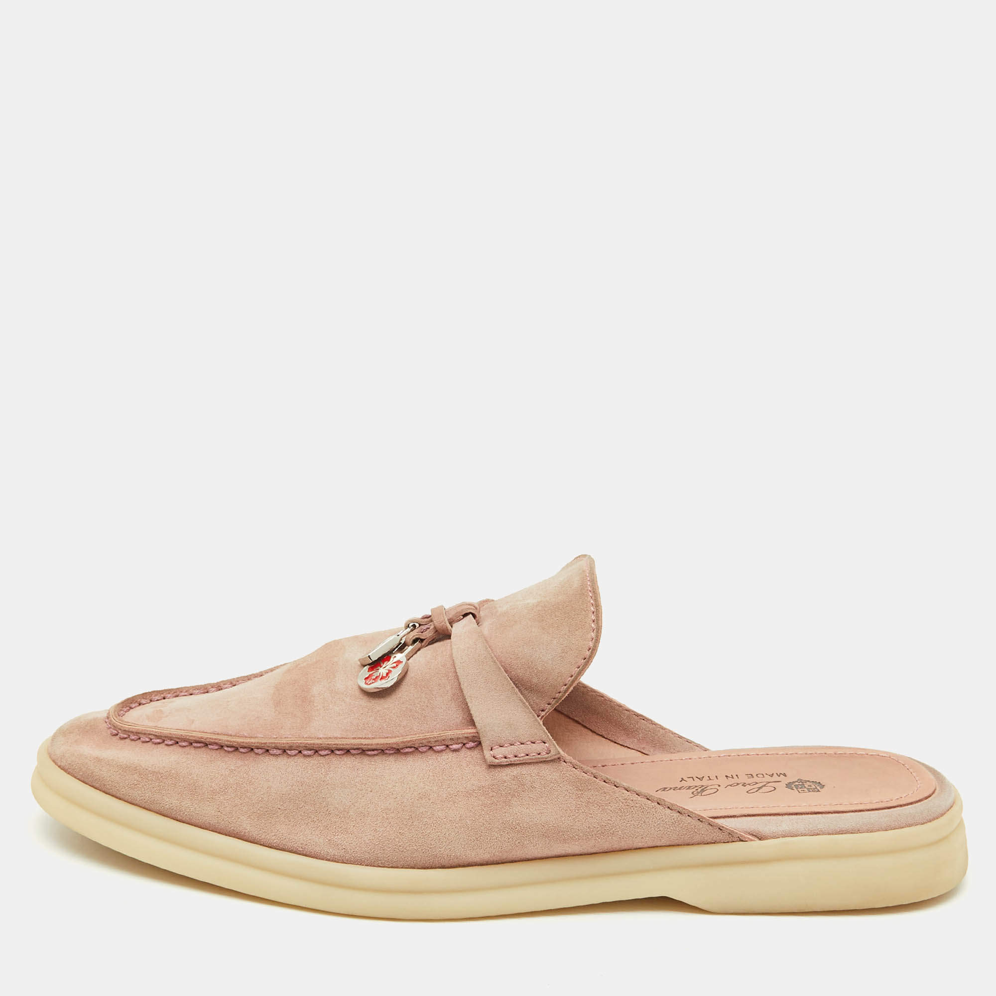 Pre Owned Loro Piana Pale Pink Suede Babouche Charms Walk Flat Mules Size 39
