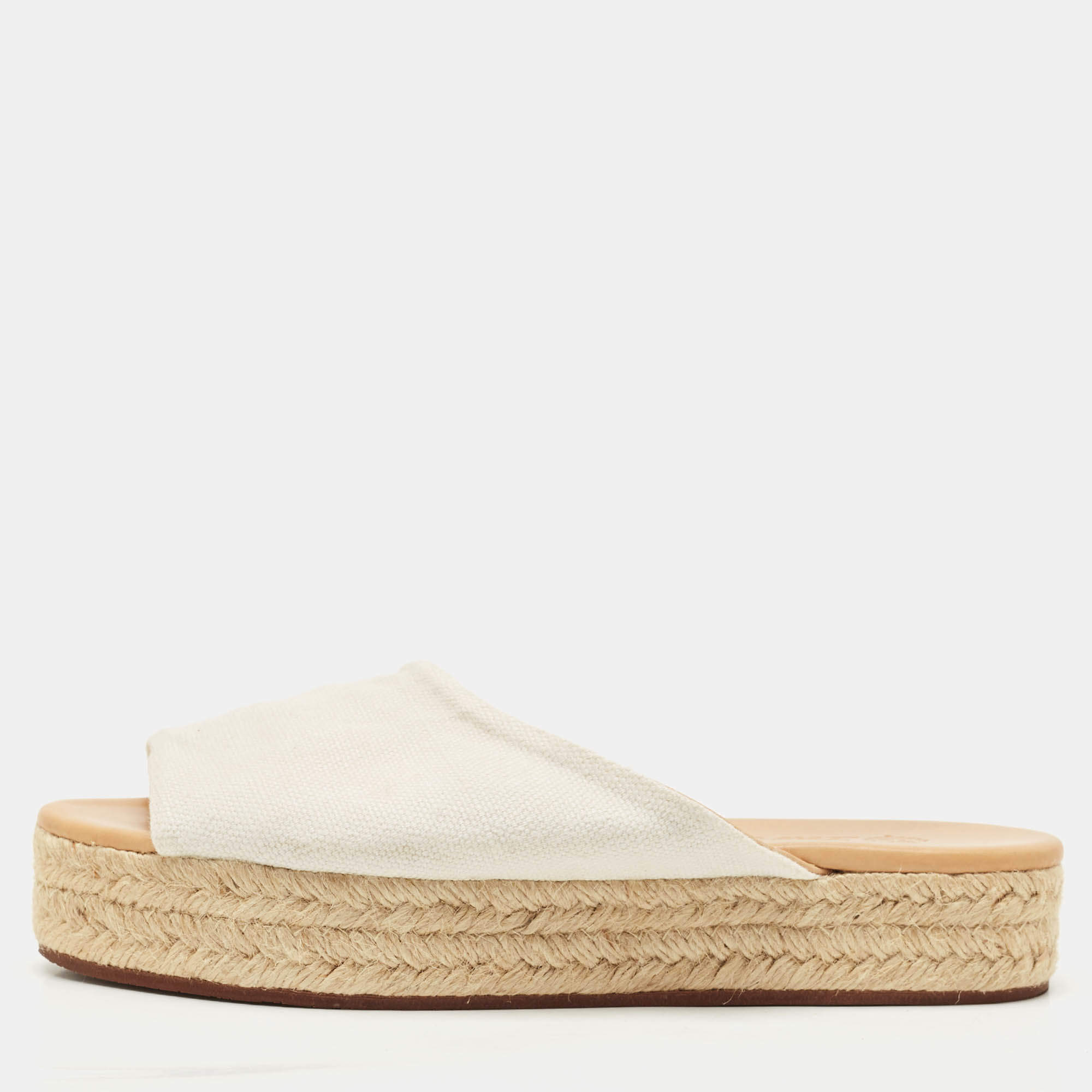 Pre Owned Loro Piana White Fabric Platform Espadrille Sandals Size 37