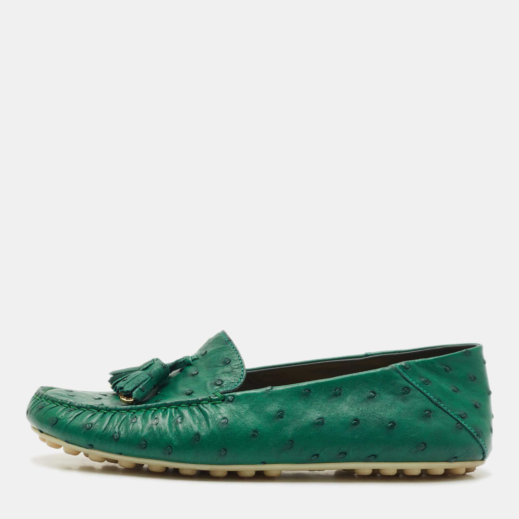 Pre Owned Loro Piana Green Ostrich Leather Loafers Size 38