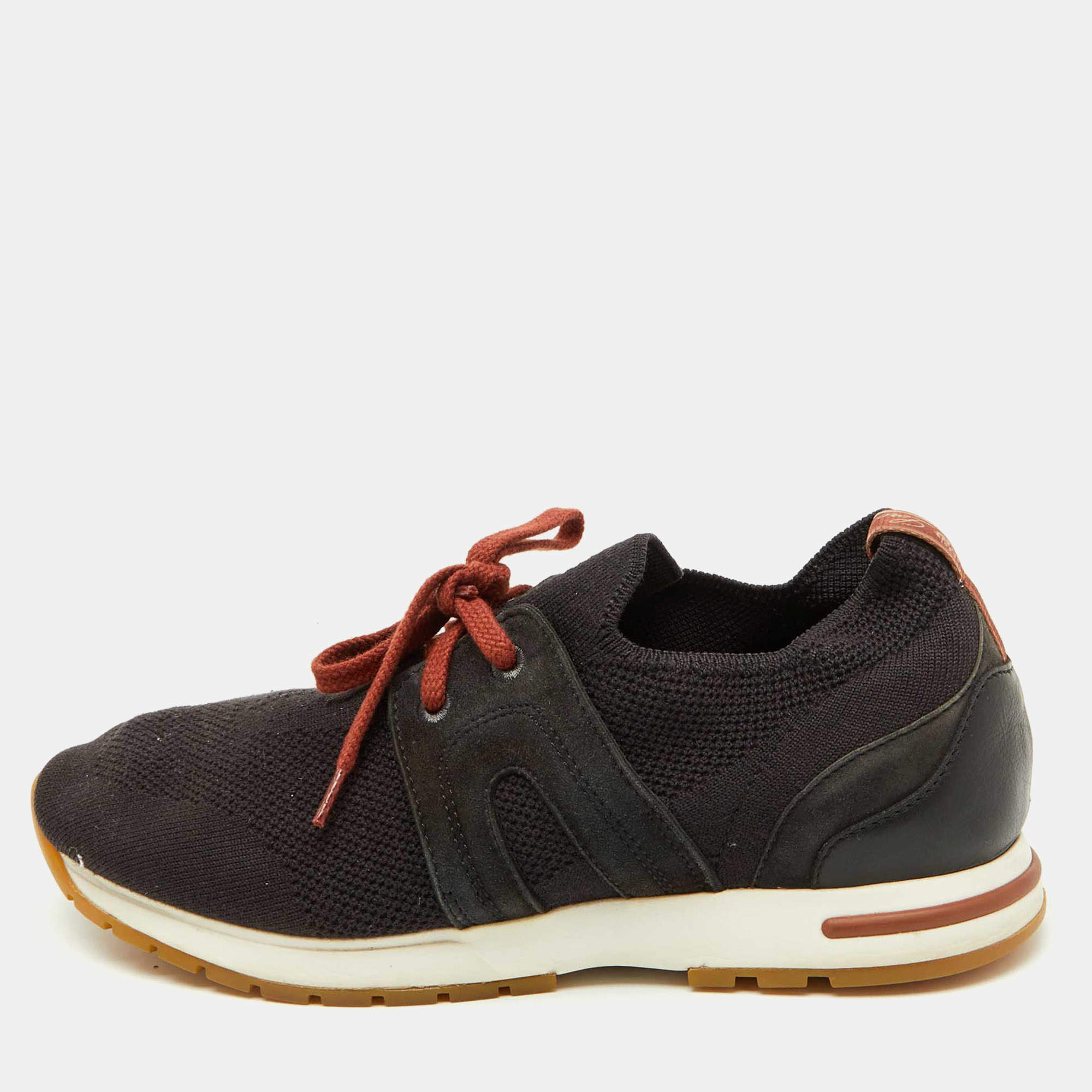 Pre Owned Loro Piana Black Knit Fabric and Suede 360 Flexy Walker Lace Up Sneakers Size 38