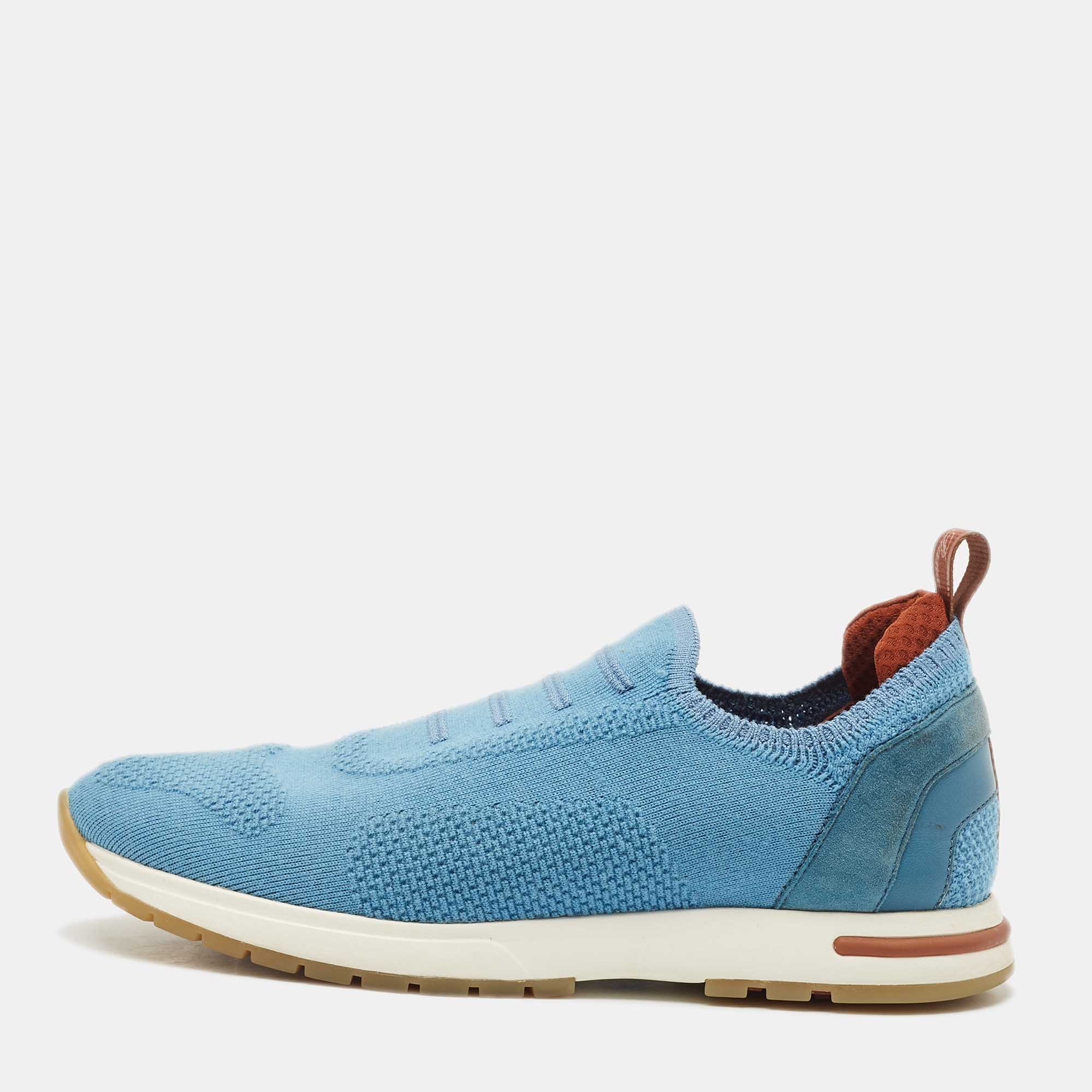Pre Owned Loro Piana Blue Knit Fabric 360 LP Flexy Walk Slip On Sneakers Size 37