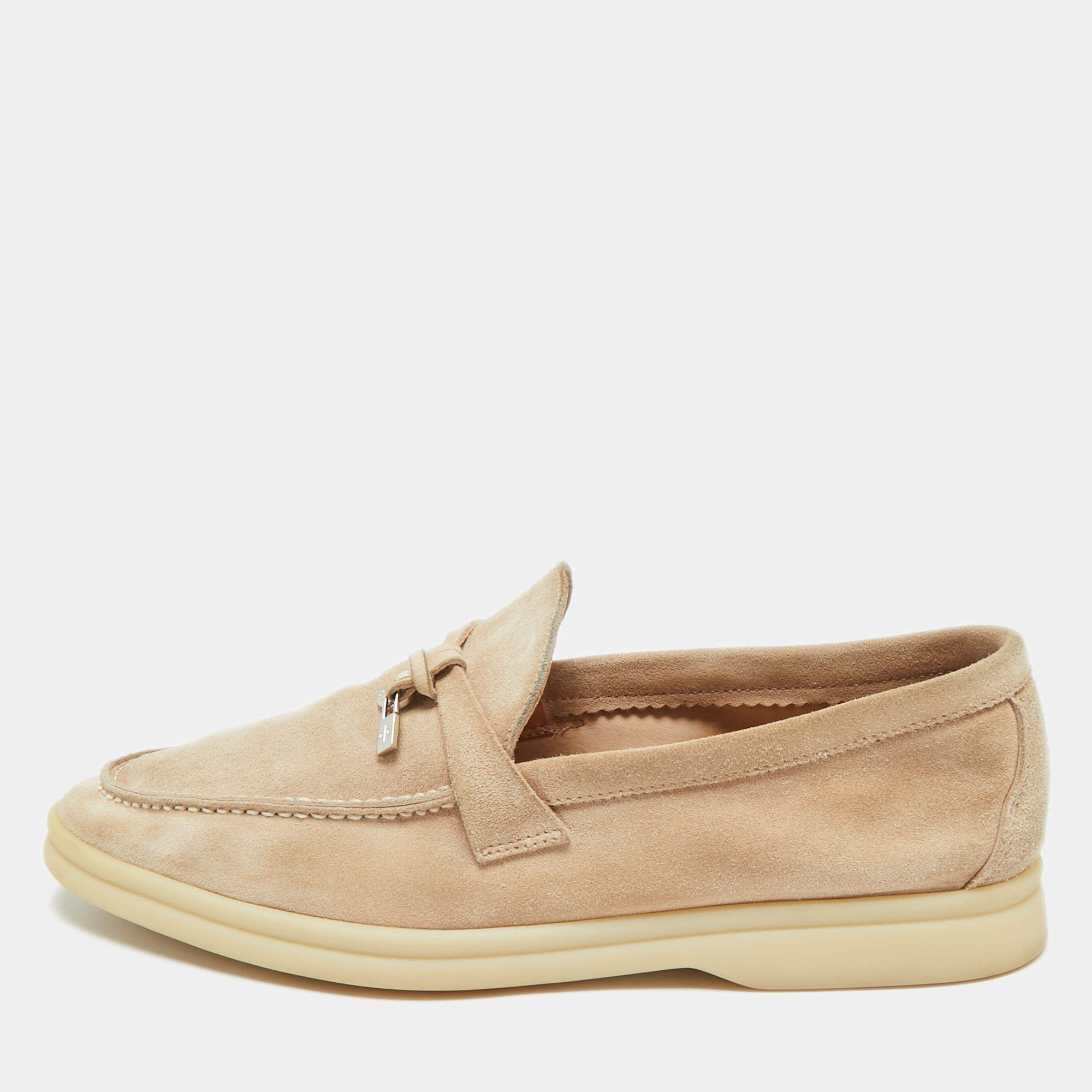 Pre Owned Loro Piana Beige Suede Summer Charms Walk Slip On Loafers Size 38.5