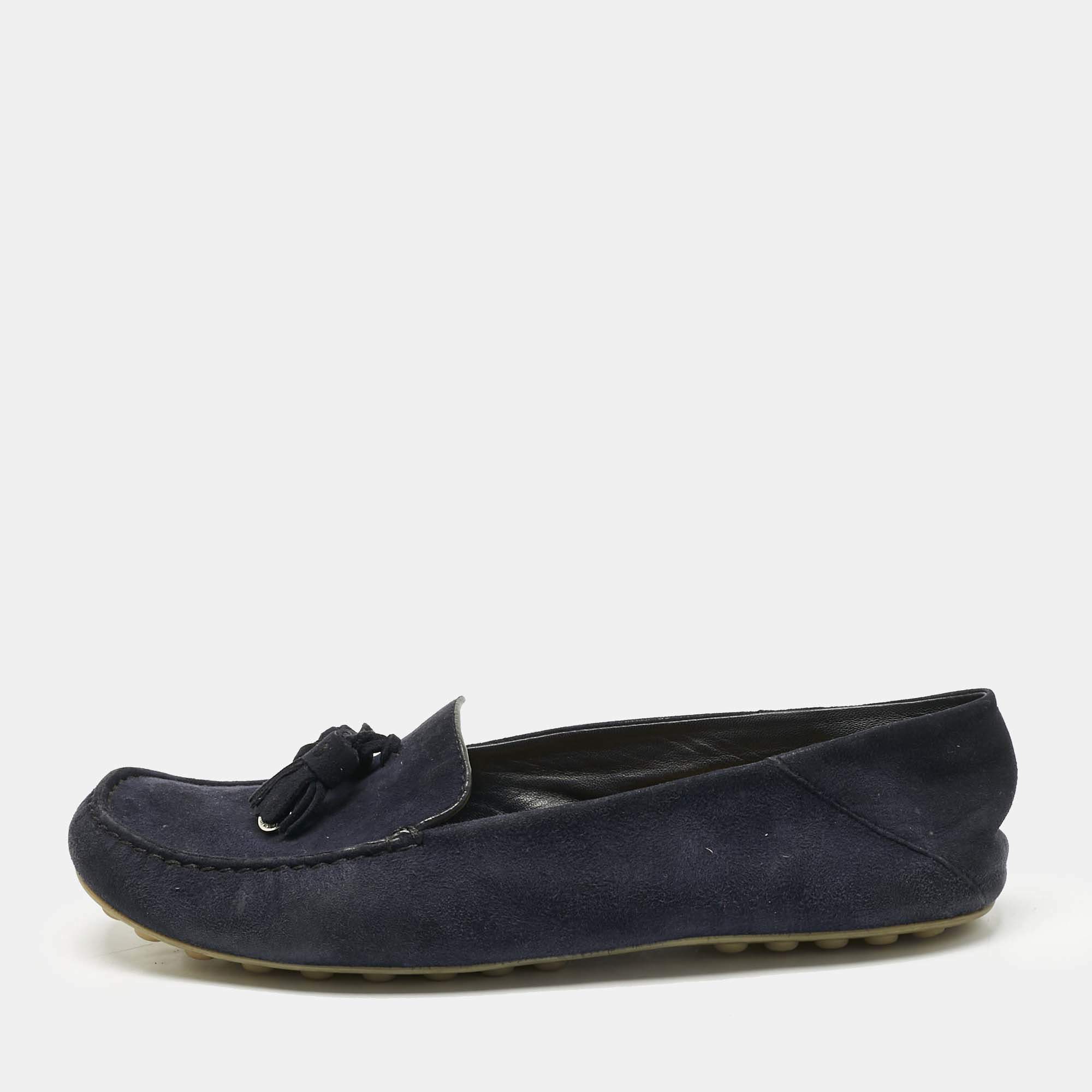Pre Owned Loro Piana Navy Blue Suede Tassel Dot Sole Walk Slip On Loafers Size 39.5