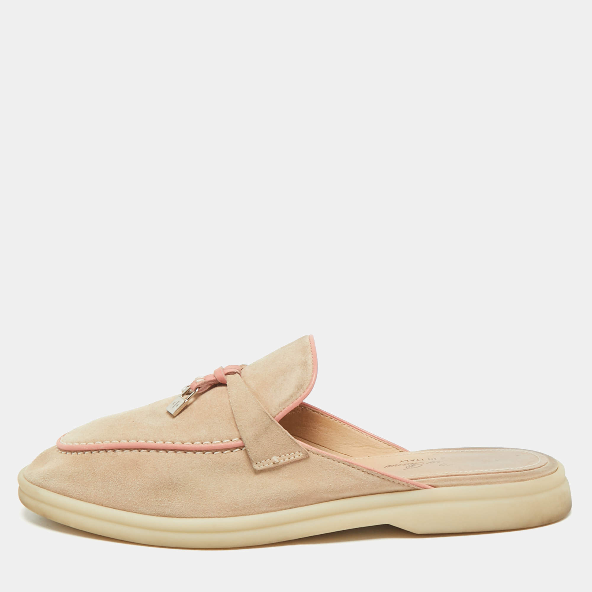 Pre Owned Loro Piana Pink/Beige Suede Babouche Charms Walk Mules Size 39