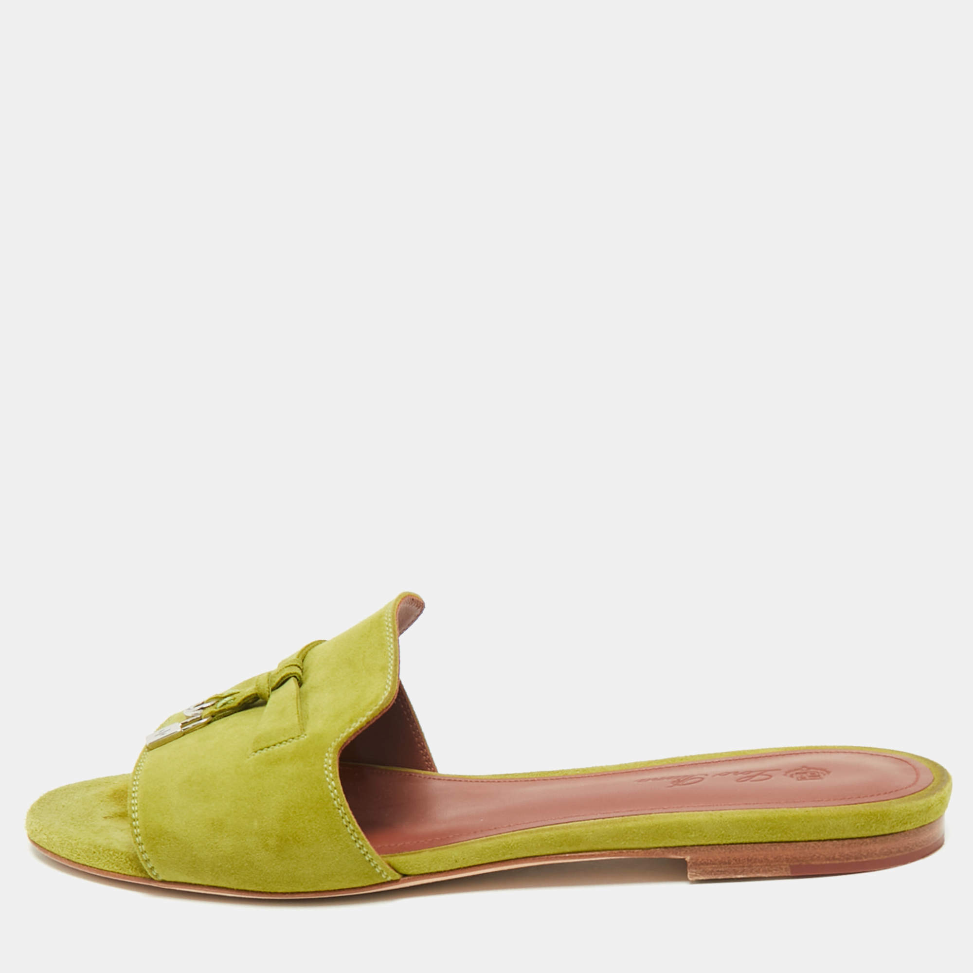 Pre Owned Loro Piana Green Suede Summer Charms Walk Flat Slides Size 37