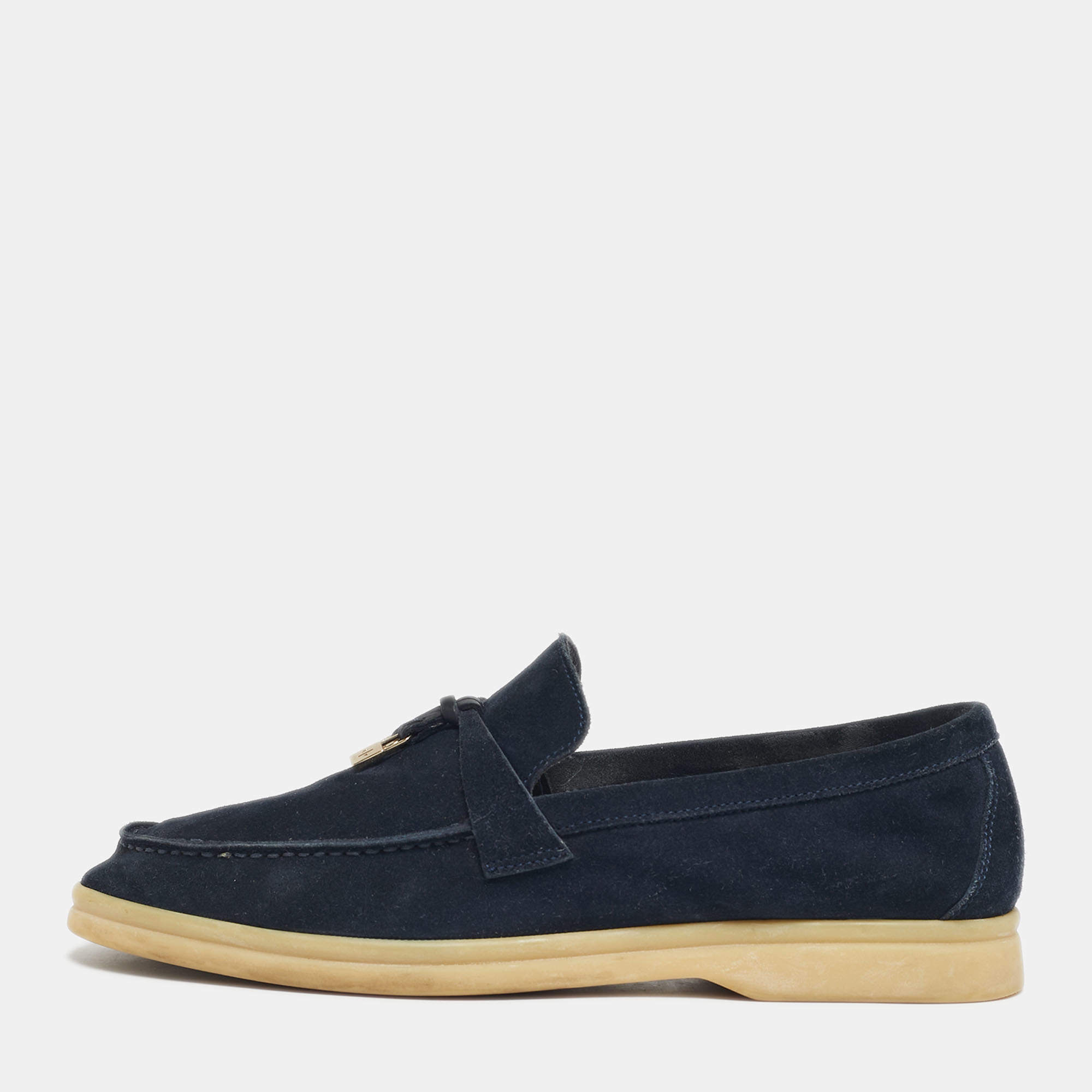 Pre Owned Loro Piana Navy Blue Suede Summer Charms Walk Loafers Size 38