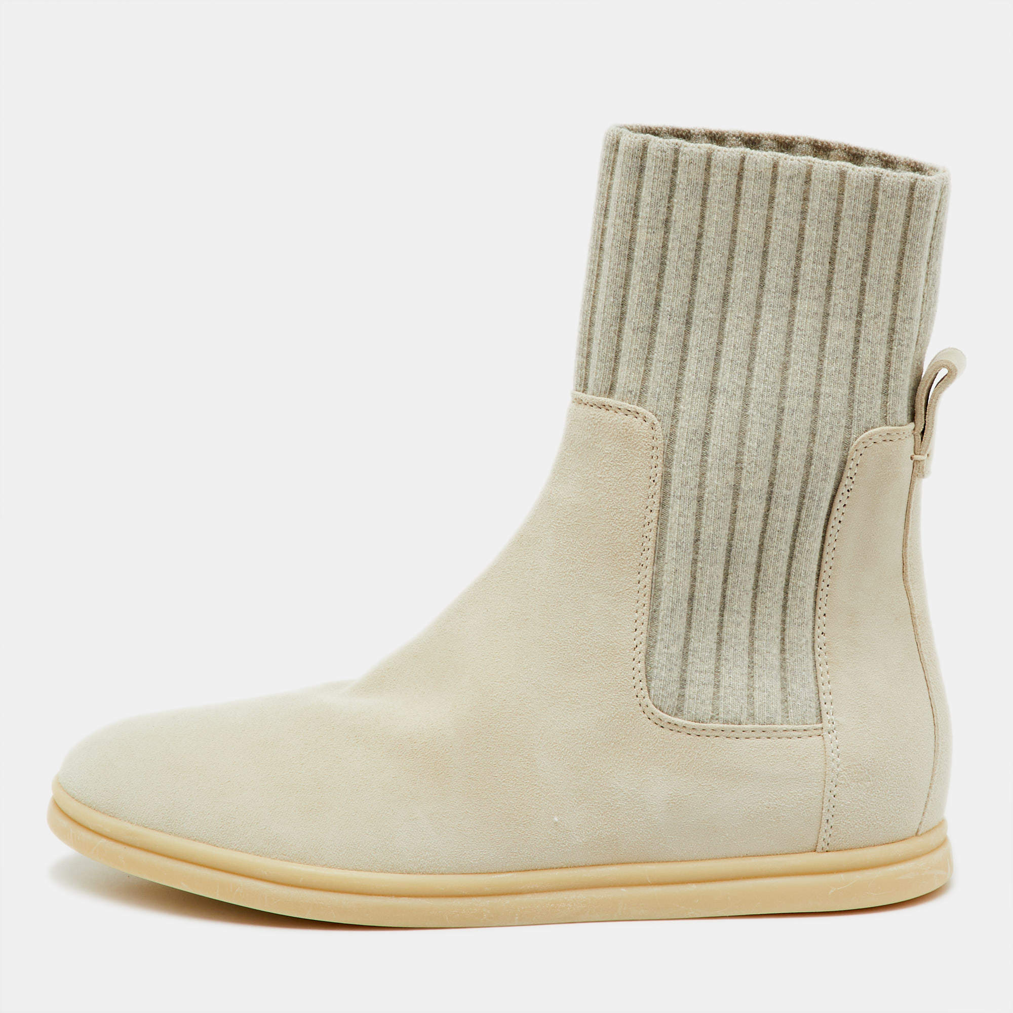 Pre Owned Loro Piana Light Grey Knit Fabric and Suede Ankle Sock Boots Size 36