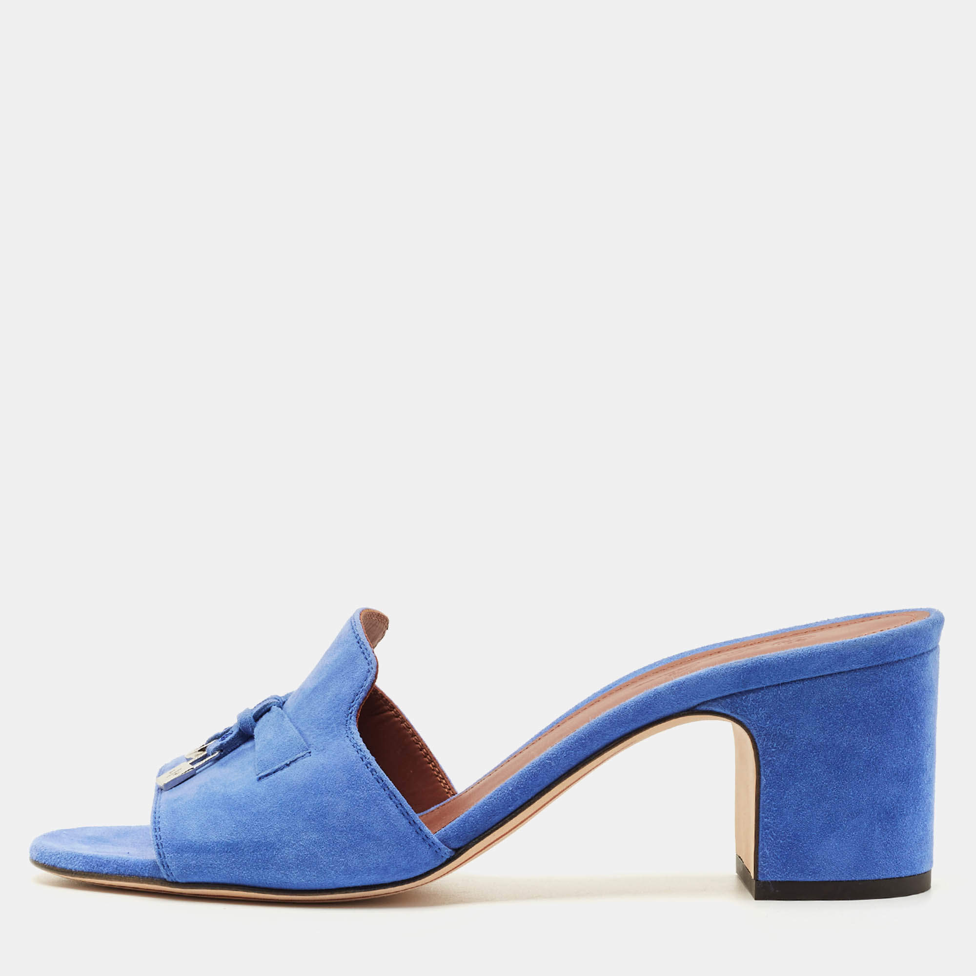 Pre Owned Loro Piana Blue Suede Summer Charms Slide Sandals Size 38.5