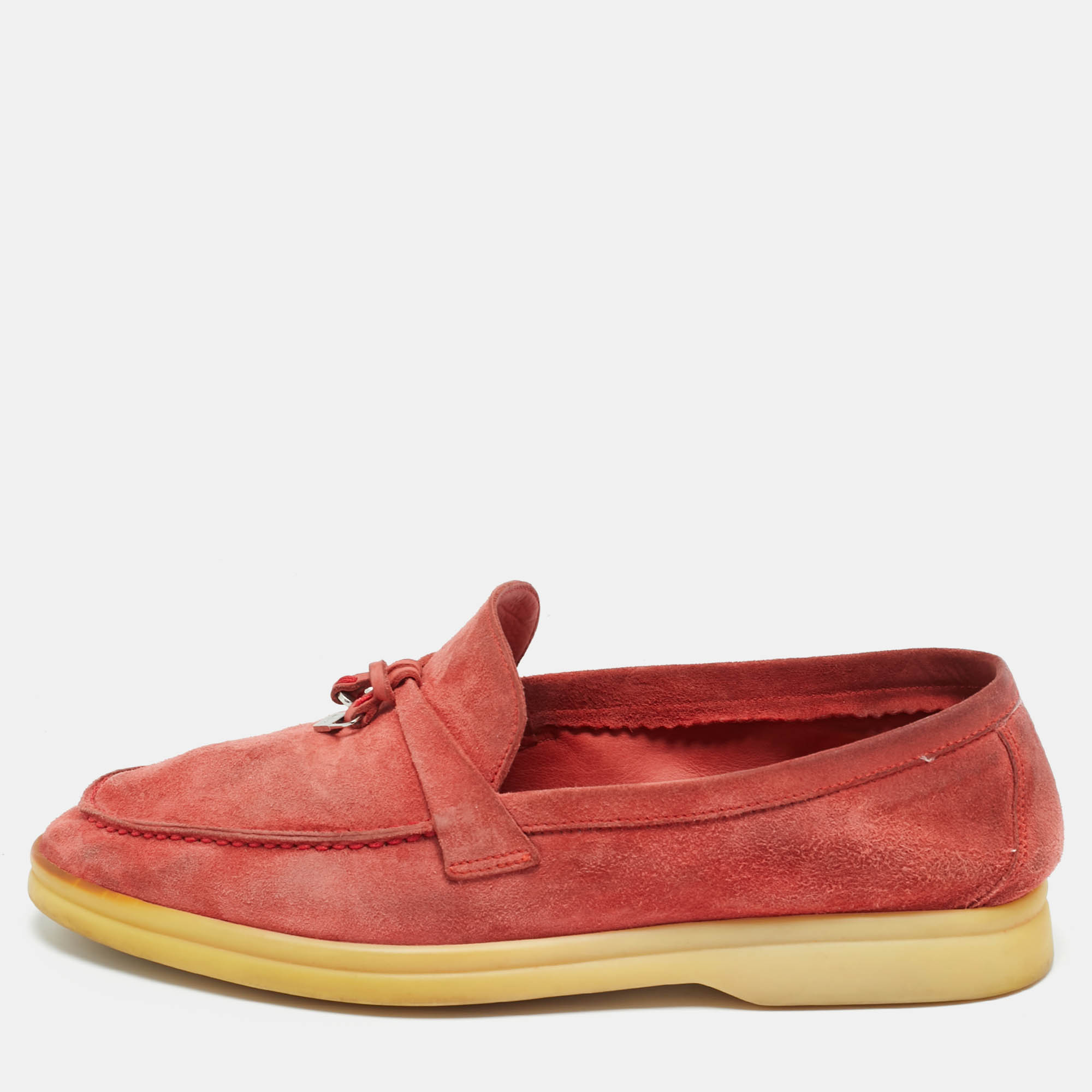 Pre Owned Loro Piana Red Suede Summer Charms Walk Loafers Size 37.5