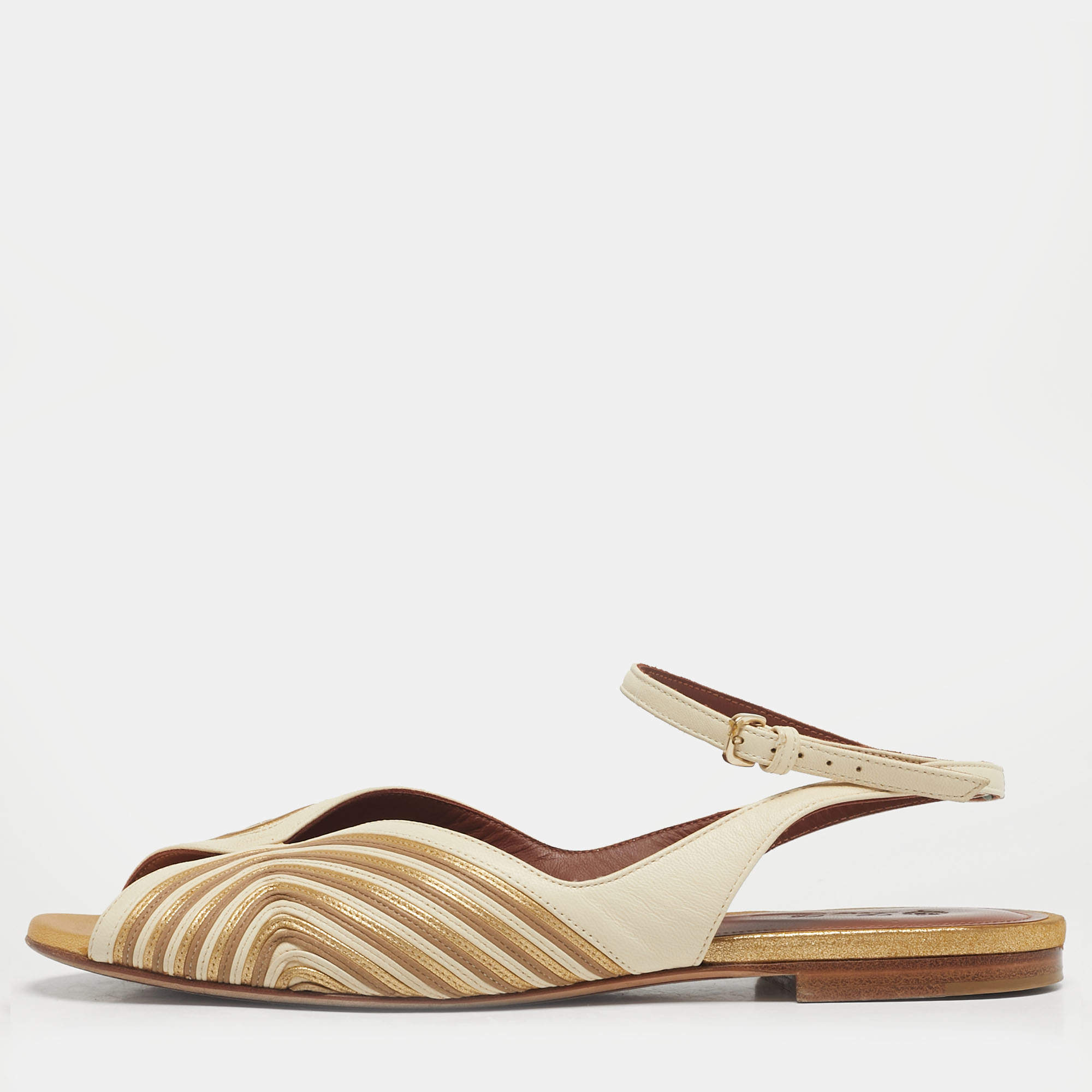 Pre Owned Loro Piana Cream/Gold Leather Ankle Strap Sandals Size 40