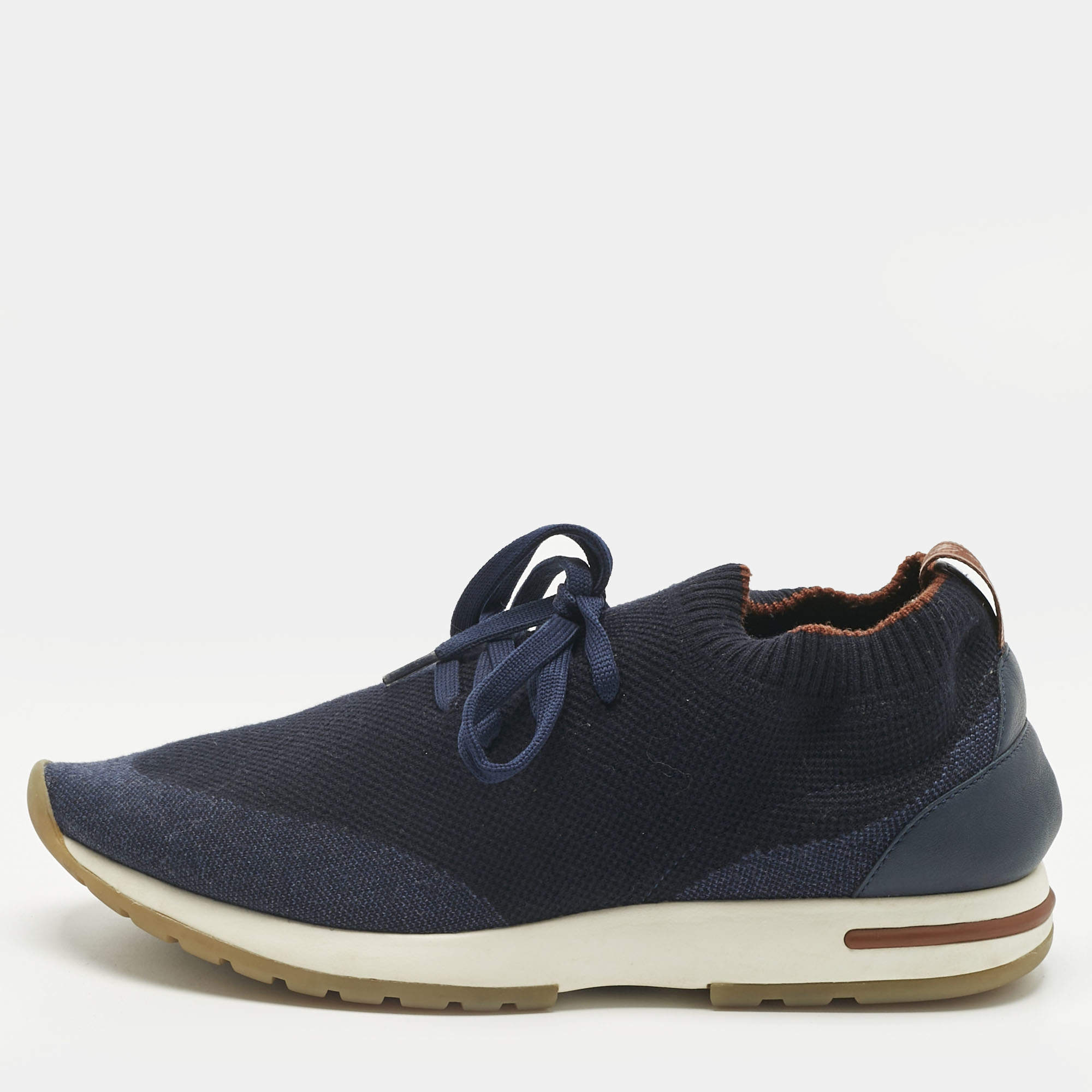 Pre Owned Loro Piana Navy Blue Knit Fabric and Leather 360 LP Flexy Walk Slip On Sneakers Size 39