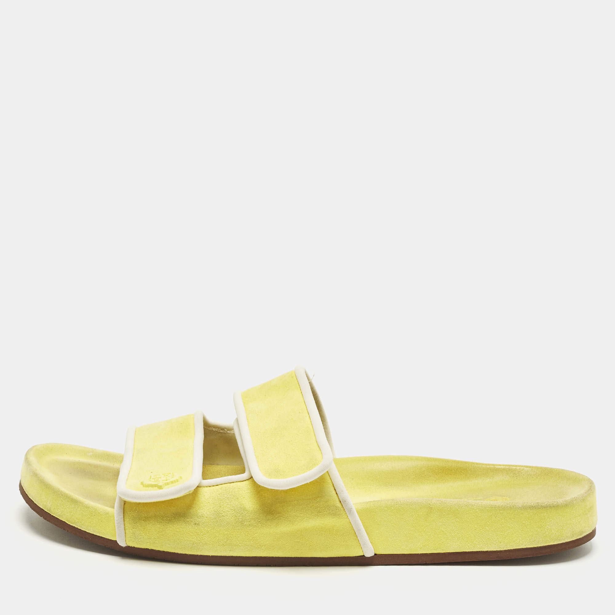 Pre Owned Loro Piana Yellow/White Suede and Leather Waikiki Flat Slides Size 39