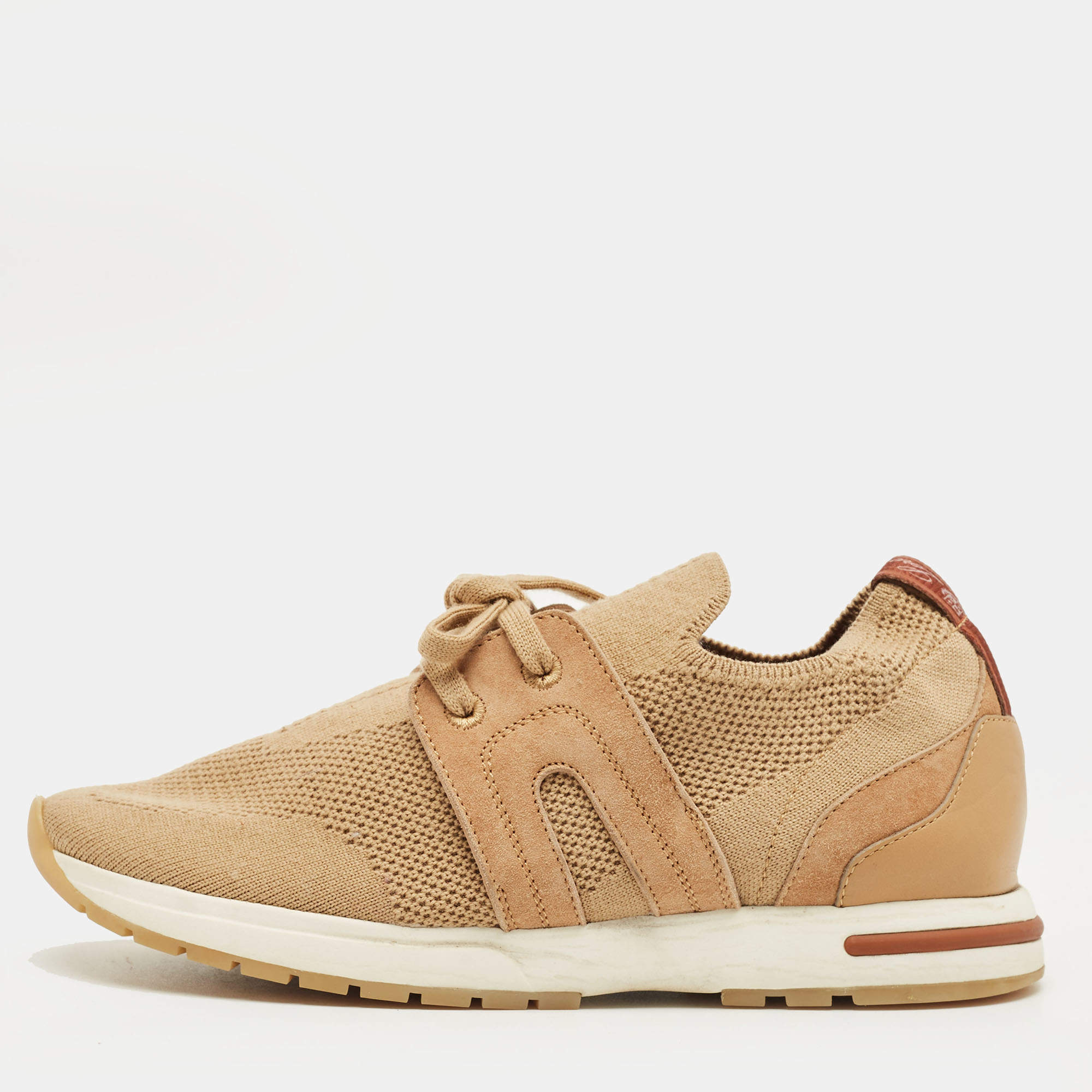 Pre Owned Loro Piana Beige Knit Fabric and Suede 360 LP Flexy Walk Lace Up Sneakers Size 35