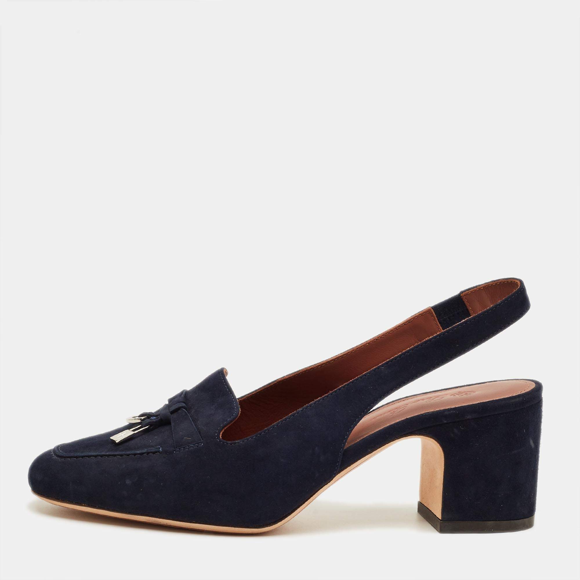 Pre Owned Loro Piana Navy Blue Suede Summer Charms Walk Slingback Sandals Size 35.5