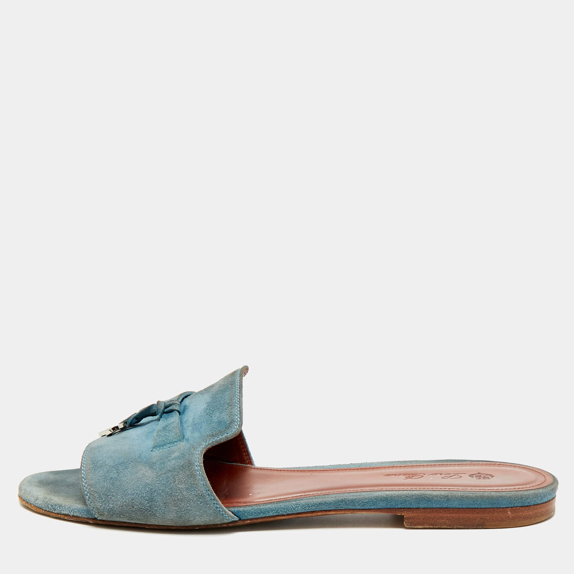 Pre Owned Loro Piana Summer Charms Size 38 Blue Suede Flat Slide