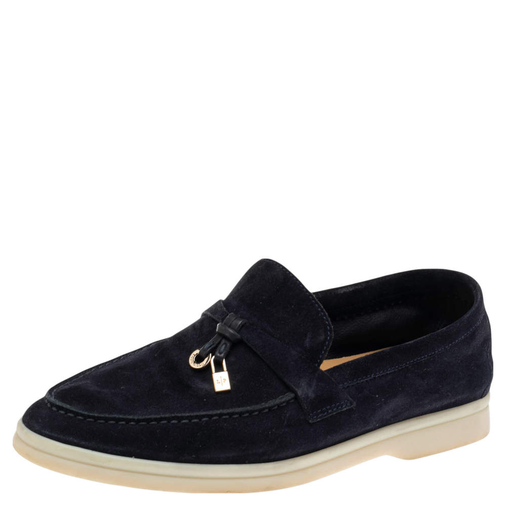 Pre Owned Loro Piana Navy Blue Suede Summer Charms Walk Slip On Loafers Size 37