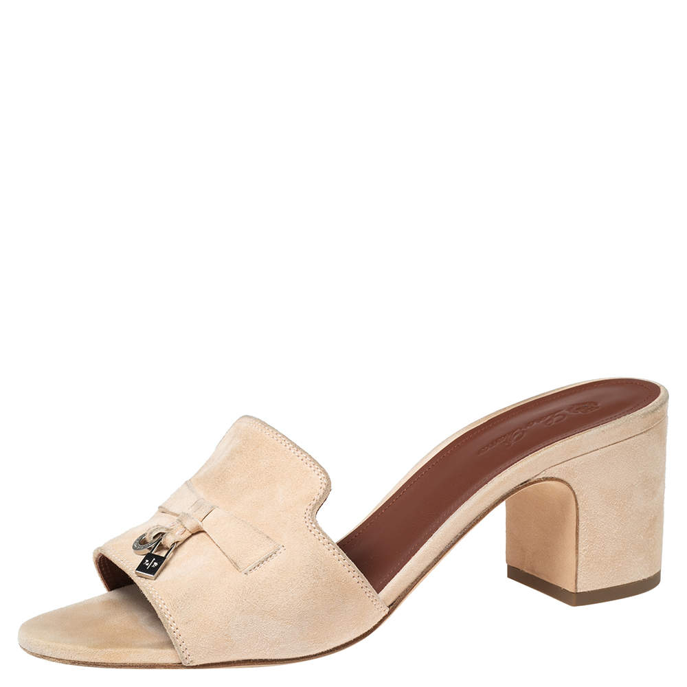 Pre Owned Loro Piana Beige Suede Charm Slide Sandals Size 38