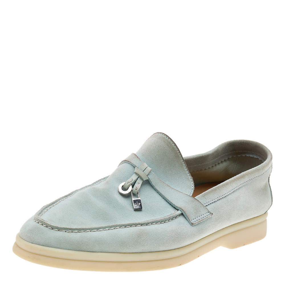 Pre Owned Loro Piana Mint Green Suede Summer Charms Walk Loafers Size 39