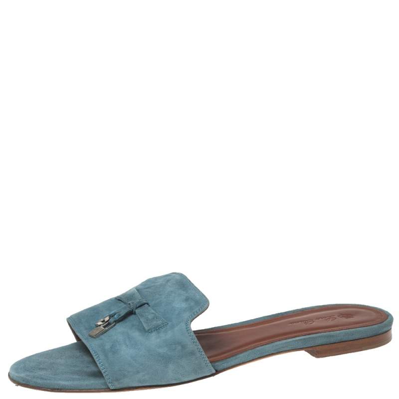 Loro Piana Blue Suede Summer Charm Flat Slides Size 40
