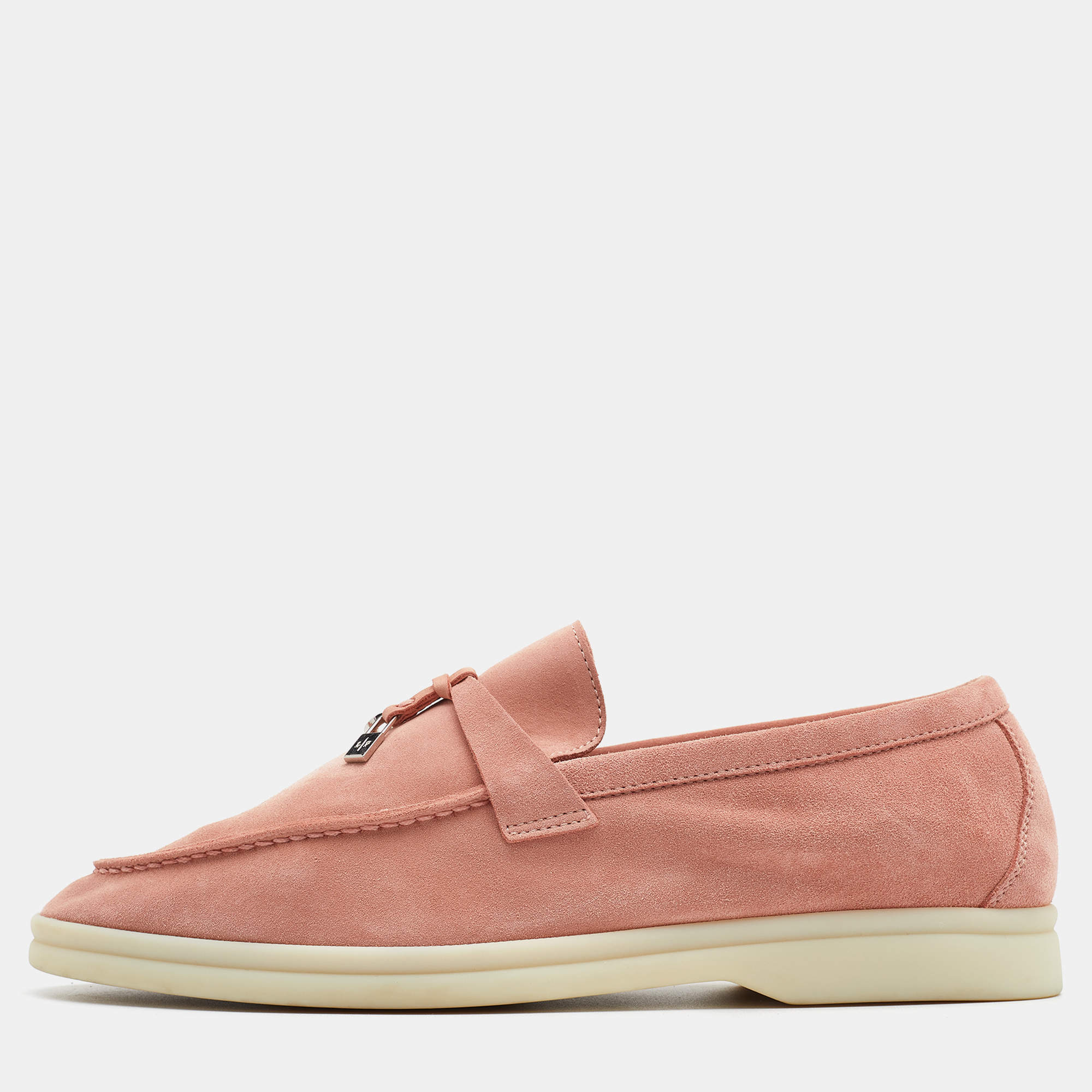 Pre Owned Loro Piana Pink Suede Summer Charms Walk Slip On Loafers Size 38