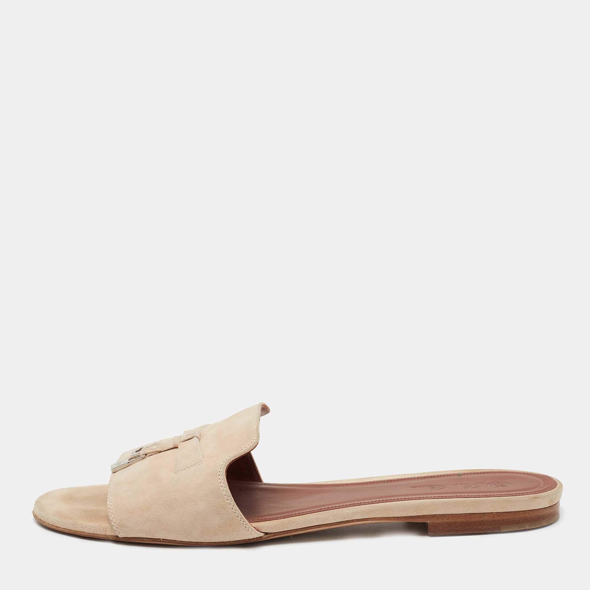 Loro Piana Beige Suede Summer Charms Flat Slides Size 39.5
