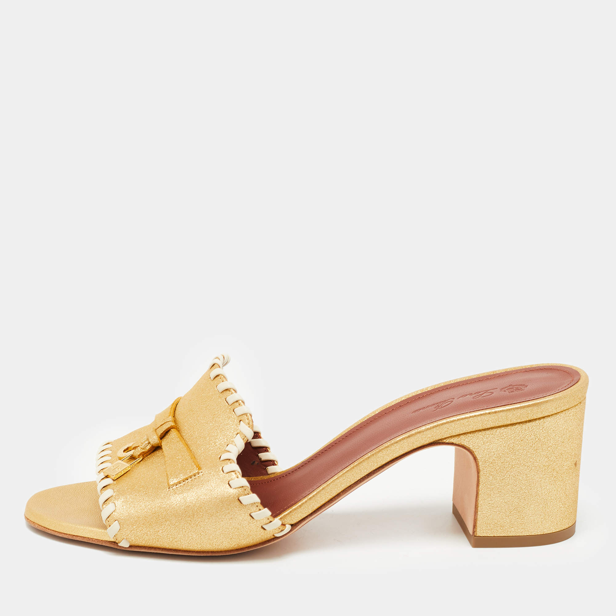 Pre Owned Loro Piana Gold Leather Summer Charms Slide Sandals Size 37.5