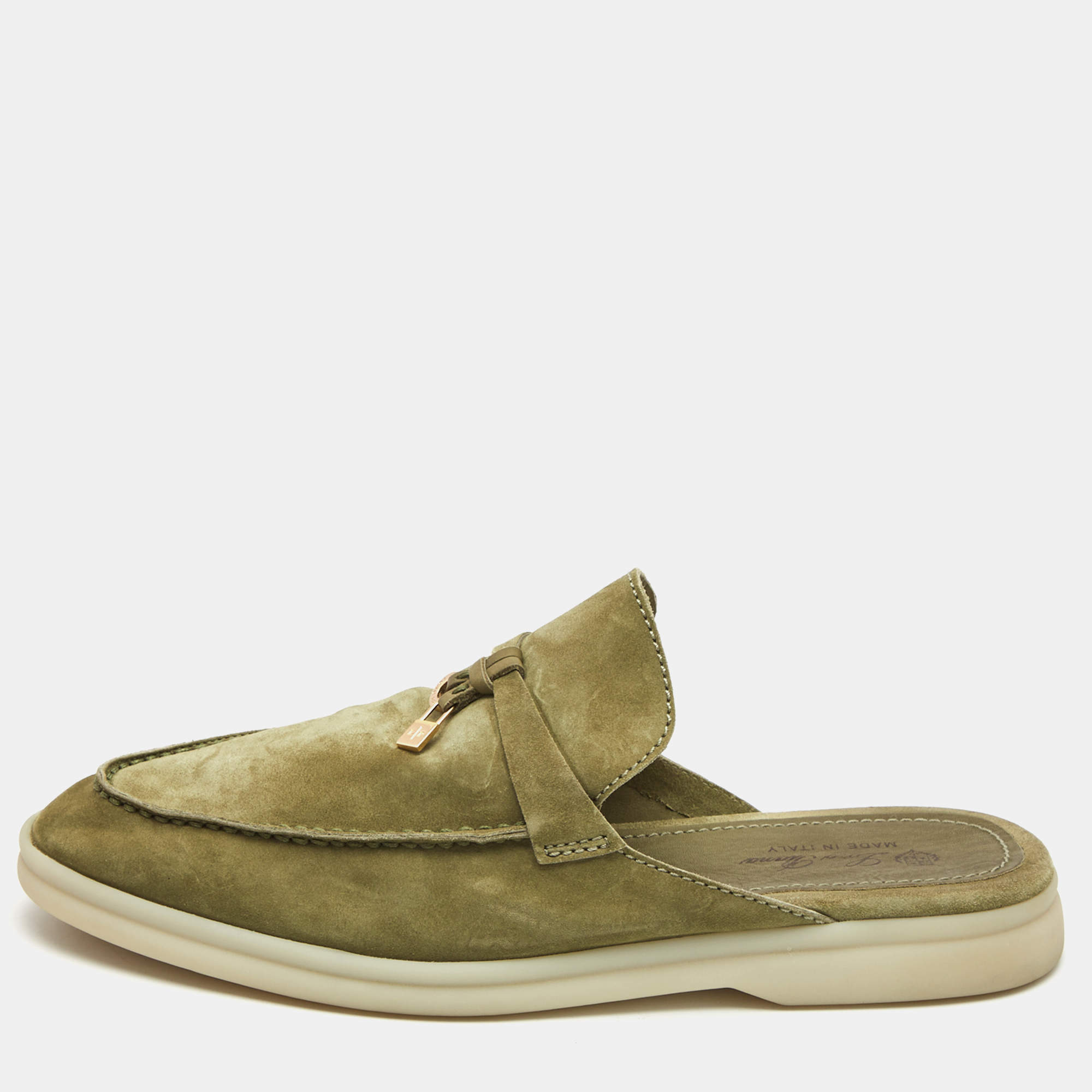 Pre Owned Loro Piana Green Suede Babouche Charms Walk Mules Size 38