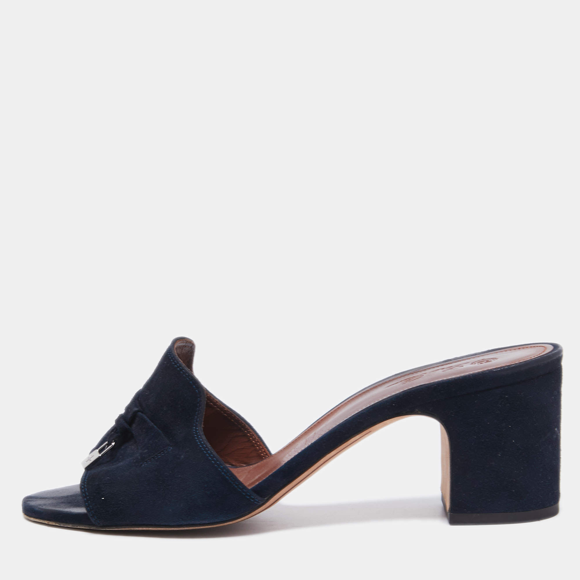 Pre Owned Loro Piana Navy Blue Suede Summer Charms Slide Sandals Size 38.5