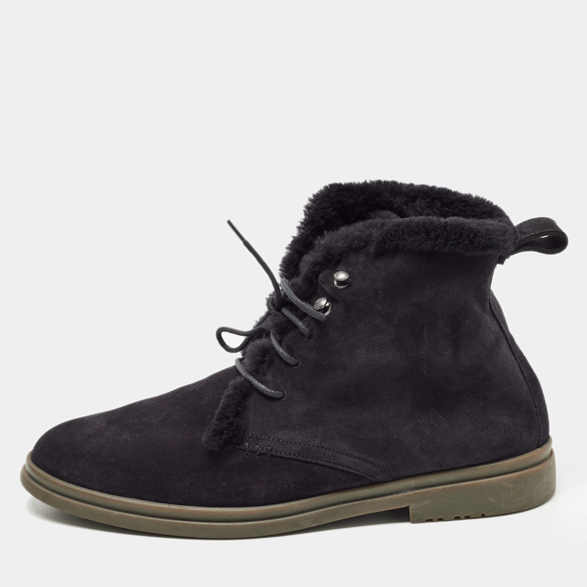 Pre Owned Loro Piana Black Suede and Fur Open Walk Ankle Boots Size 38