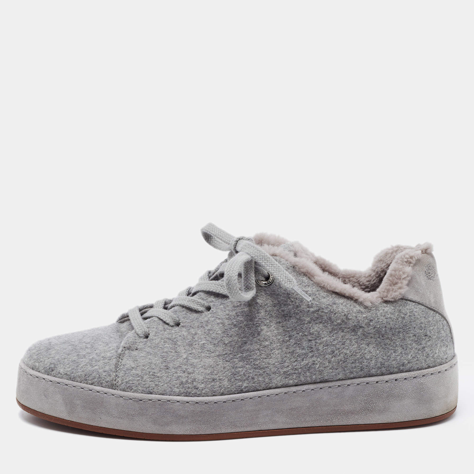 Pre Owned Loro Piana Grey Fabric and Fur Nuages Low Top Sneakers Size 38.5