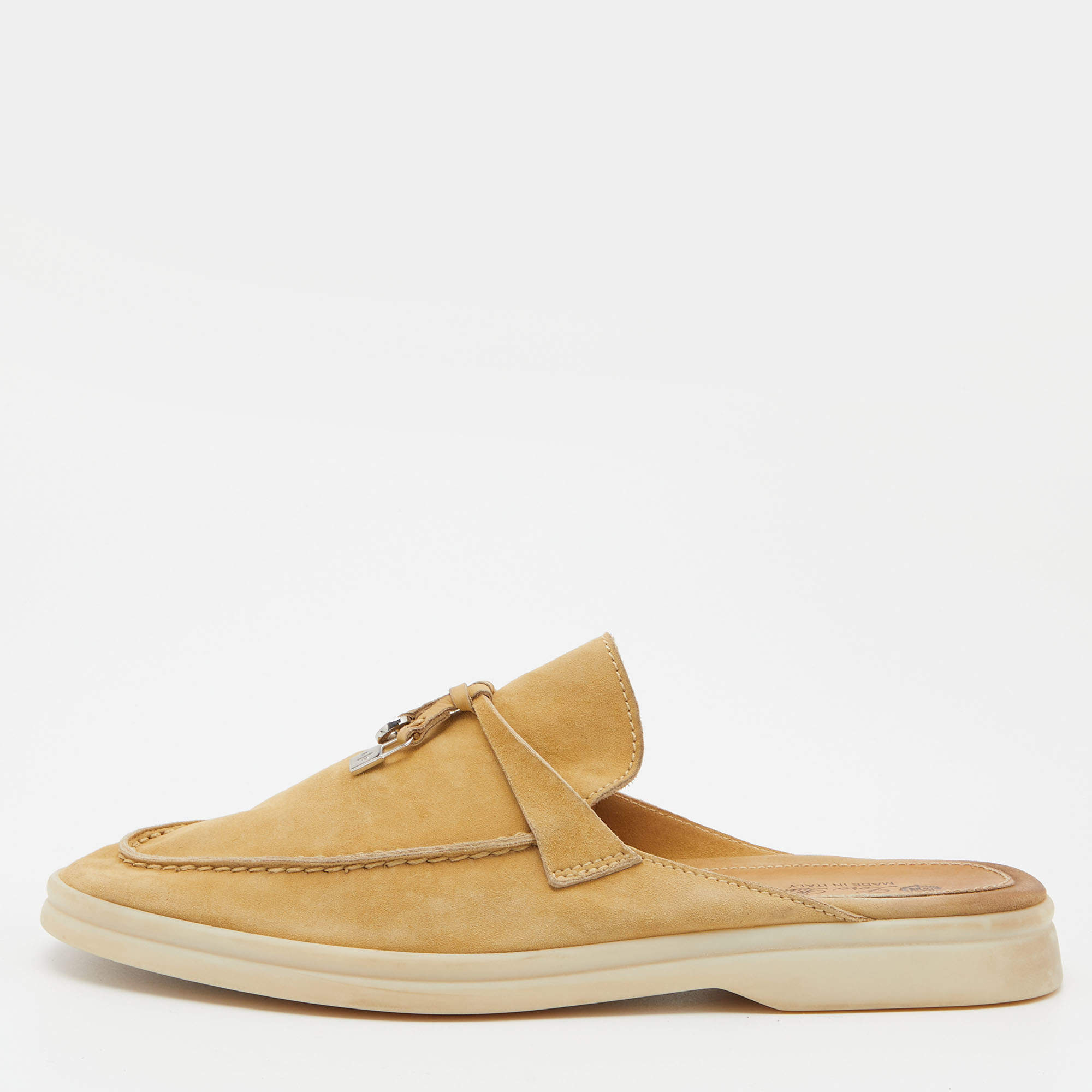 Pre Owned Loro Piana Beige Suede Babouche Charms Walk Flat Mules Size 38.5