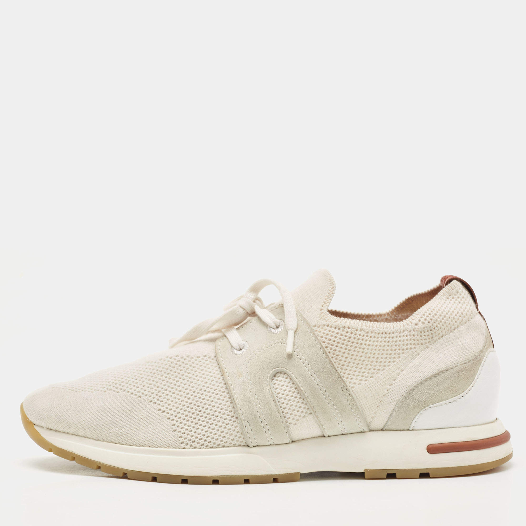 Pre Owned Loro Piana Off White/Grey Knit Fabric and Suede 360 Flexy Walker Sneakers Size 38