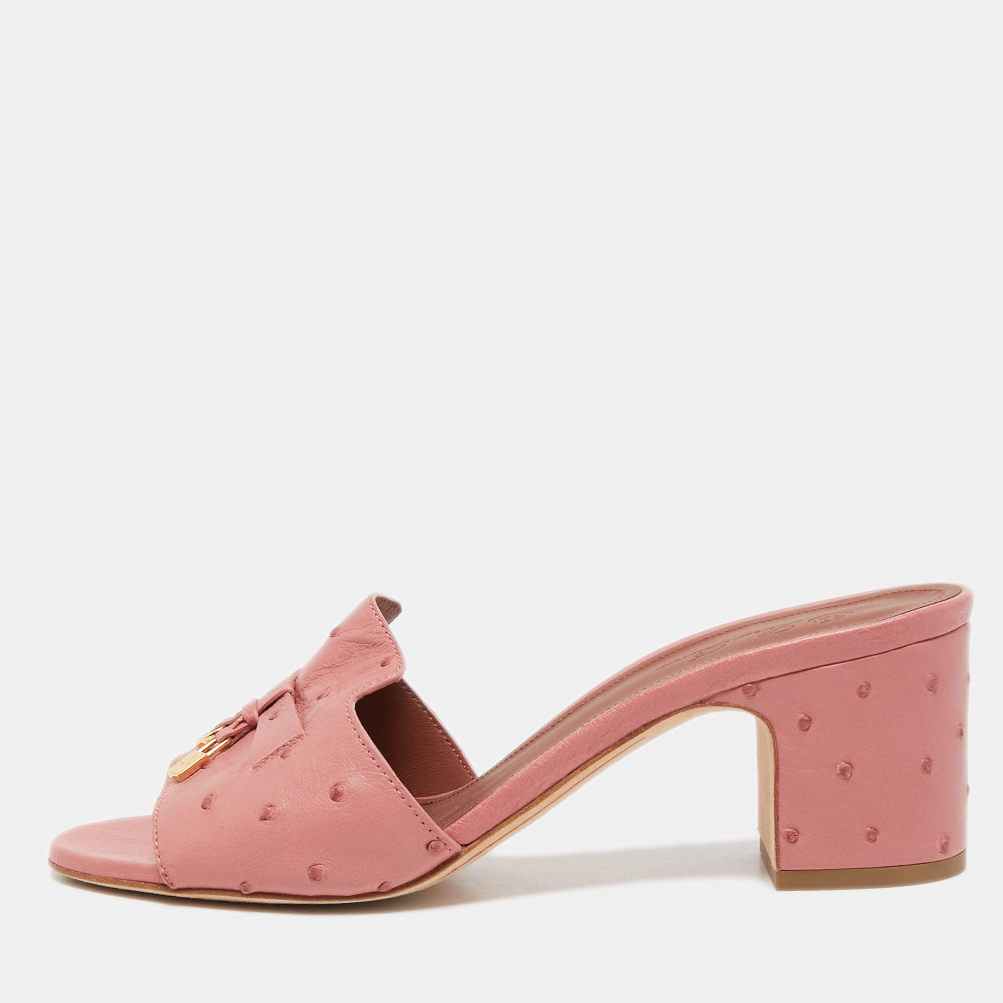Pre Owned Loro Piana Pink Ostrich Embossed Leather Summer Charms Slide Sandals Size 37.5