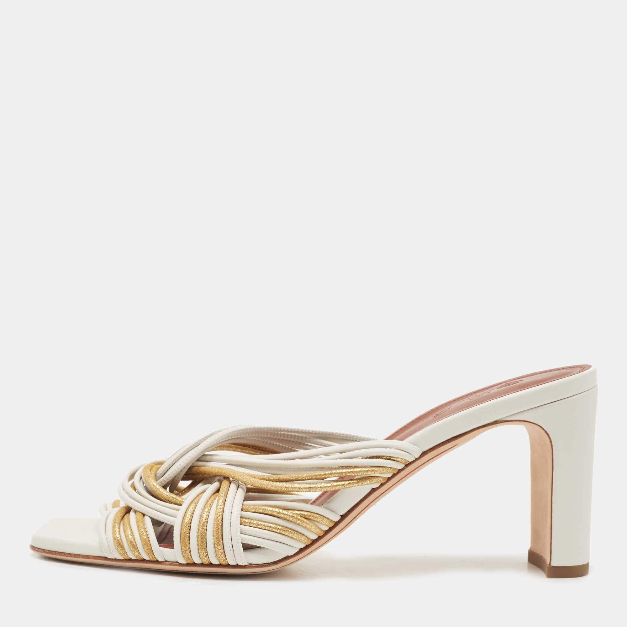 Pre Owned Loro Piana White/Gold Leather Strappy Slide Sandals Size 38