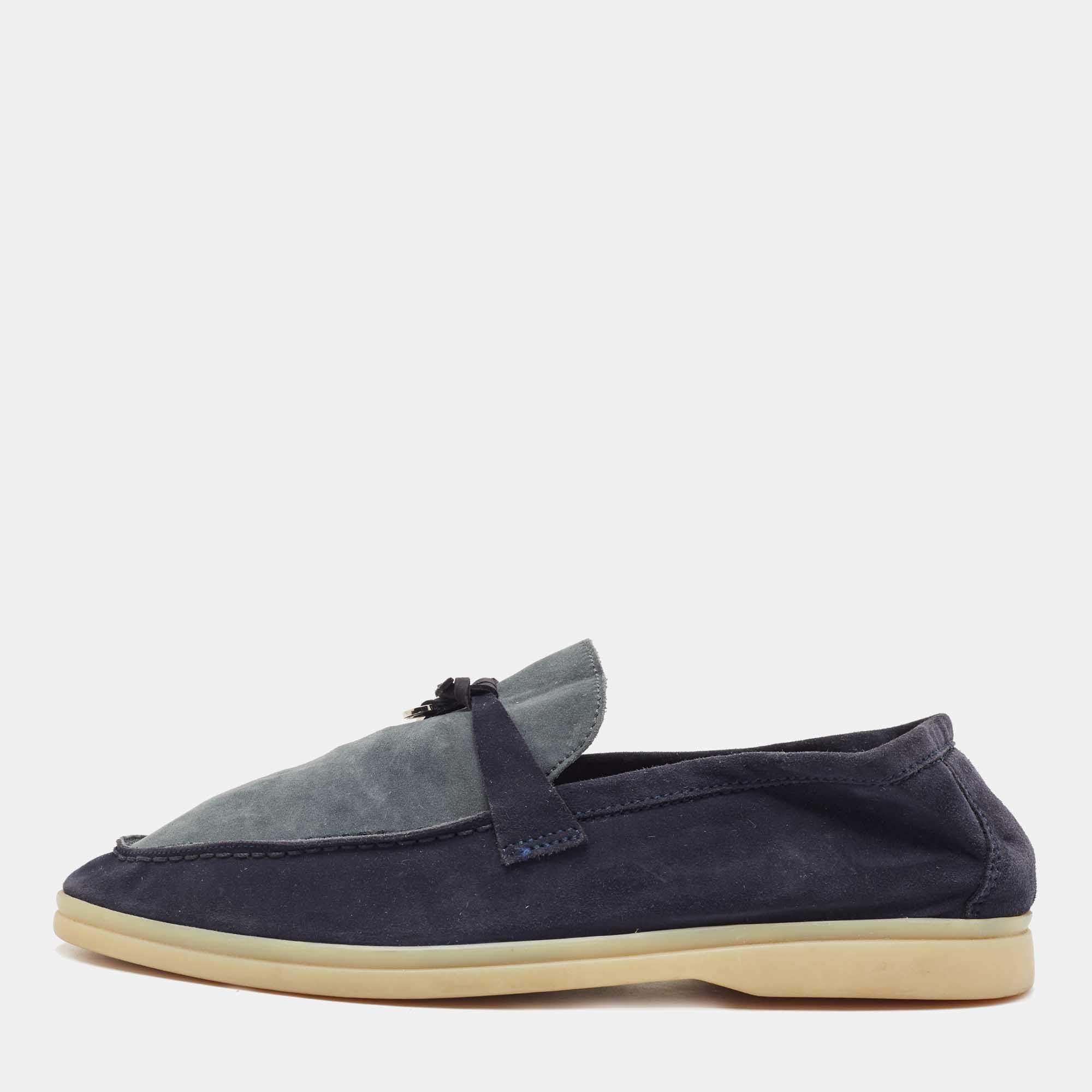 Pre Owned Loro Piana Blue/Grey Suede Summer Charms Walk Slip On Loafers Size 39
