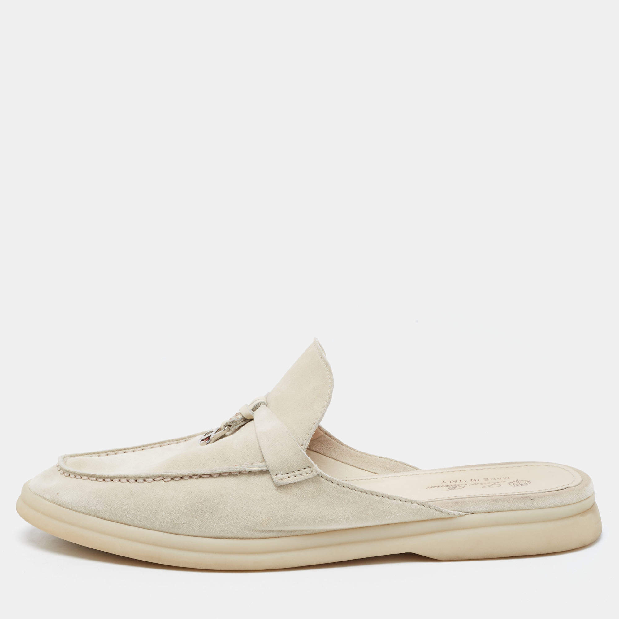 Pre Owned Loro Piana Grey Suede Babouche Charms Walk Mules Size 39.5