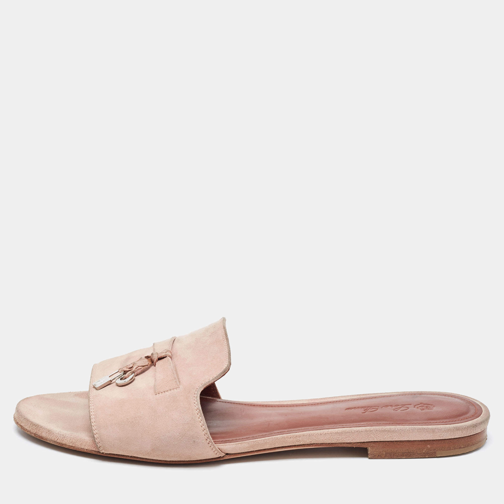 Loro Piana Light Pink Suede Summer Charms Flat Slides Size 40