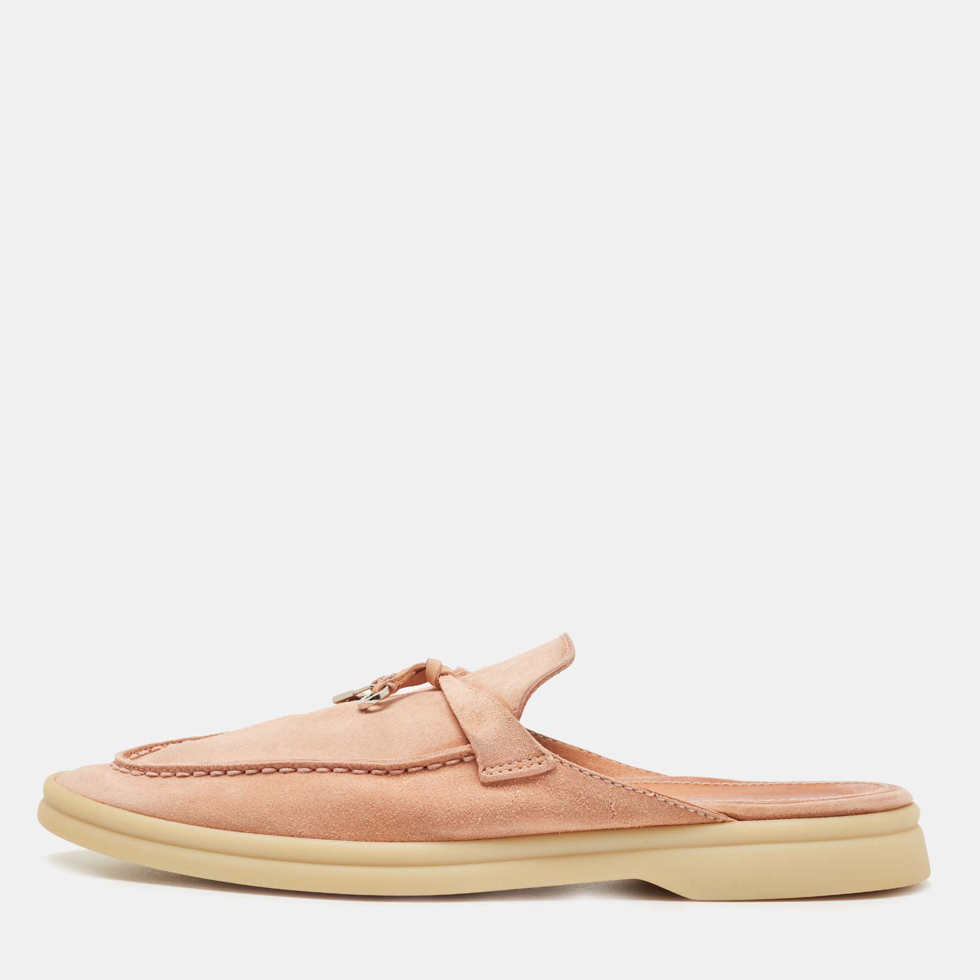 Pre Owned Loro Piana Pink Suede Babouche Charms Walk Mules Size 38