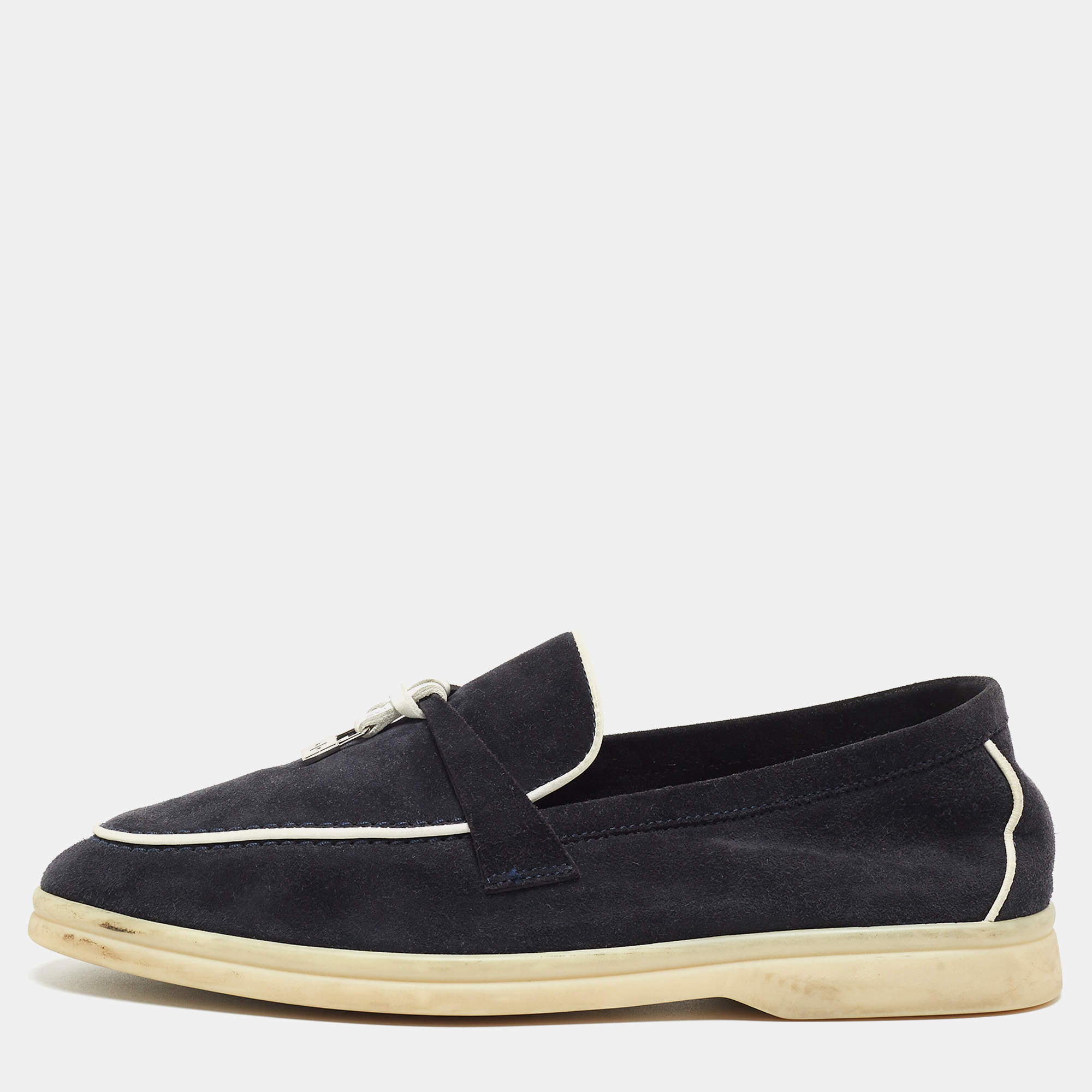 Pre Owned Loro Piana Navy Blue Suede Summer Charms Walk  Loafers Size 37