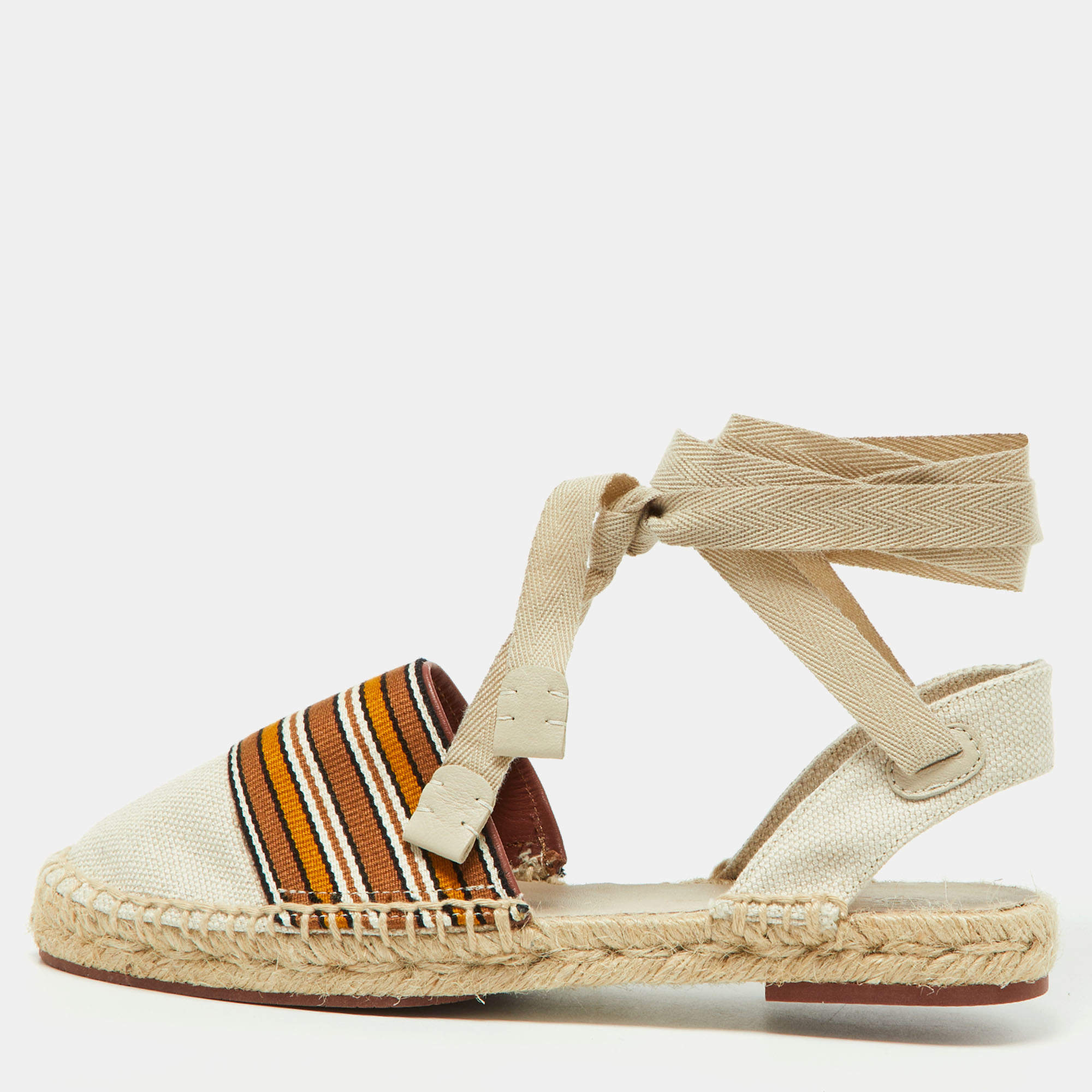 Loro Piana Cream/Brown Canvas Ankle Wrap Espadrille Flats Size 37