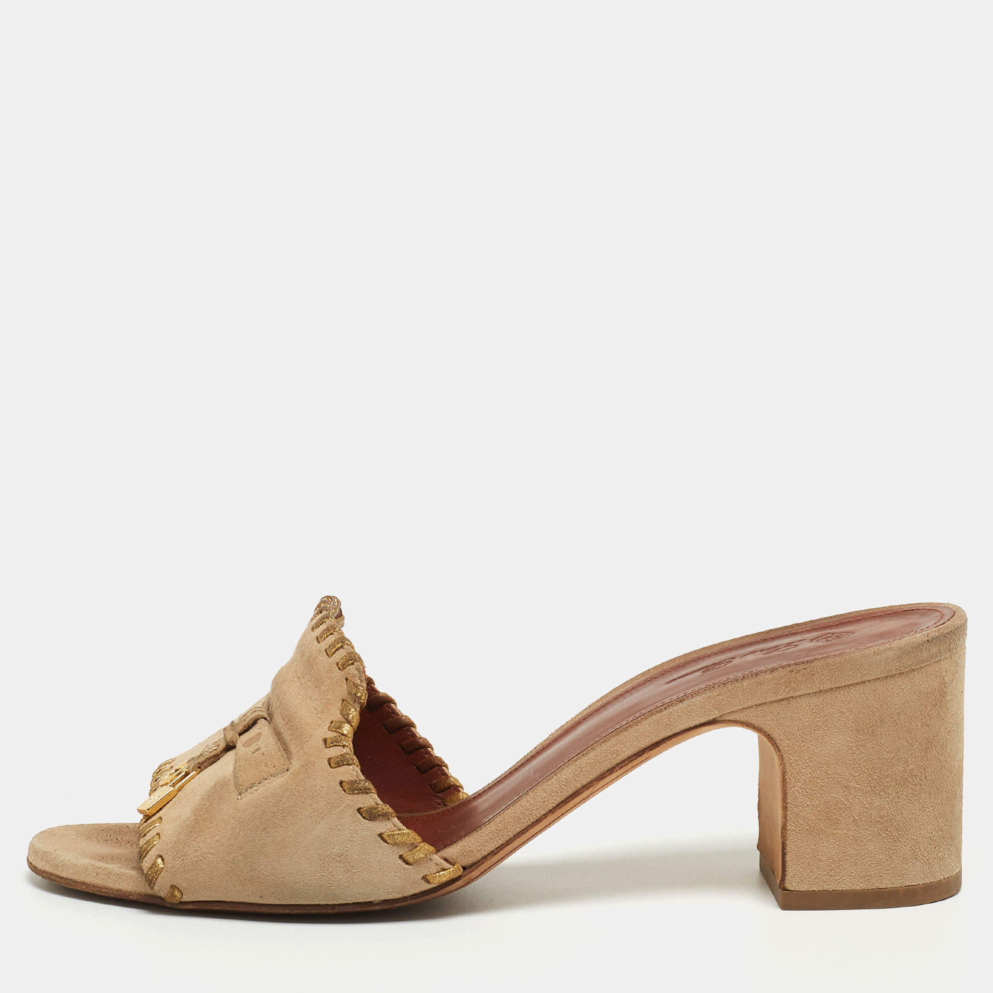 Pre Owned Loro Piana Beige Suede Charms Block Heel Slide Sandals Size 38.5