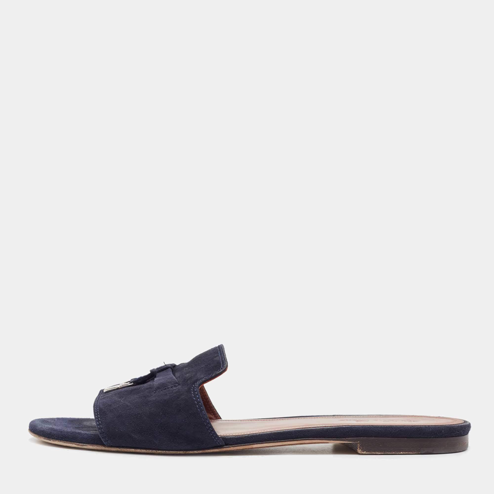 Pre Owned Loro Piana Blue Suede Flat Slides Size 40