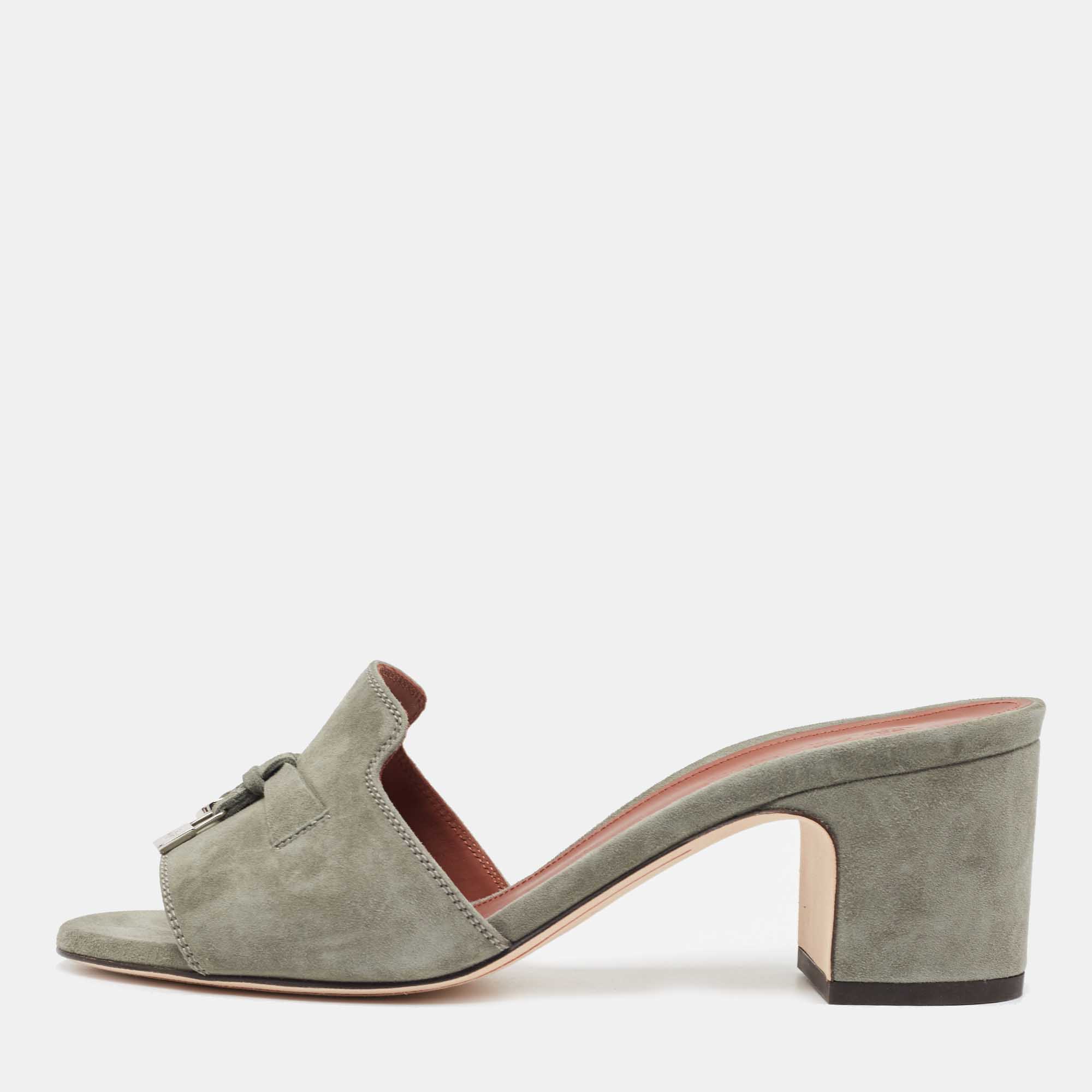 Pre Owned Loro Piana Grey Suede Summer Charms Block Heel Slide Sandals Size 36