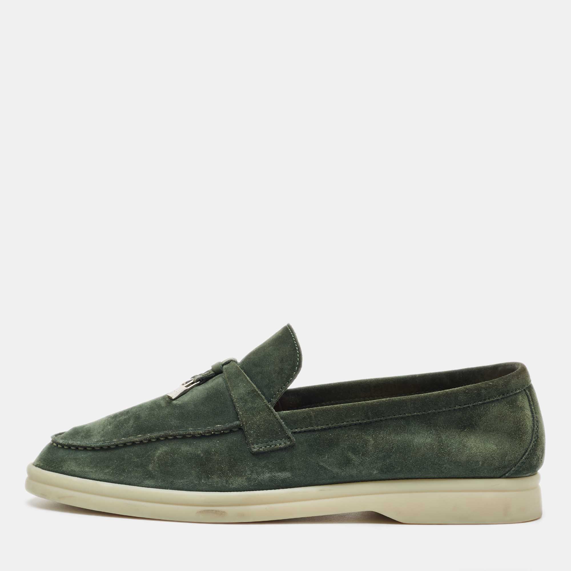 Pre Owned Loro Piana Green Suede Summer Charms Walk Loafers Size 39